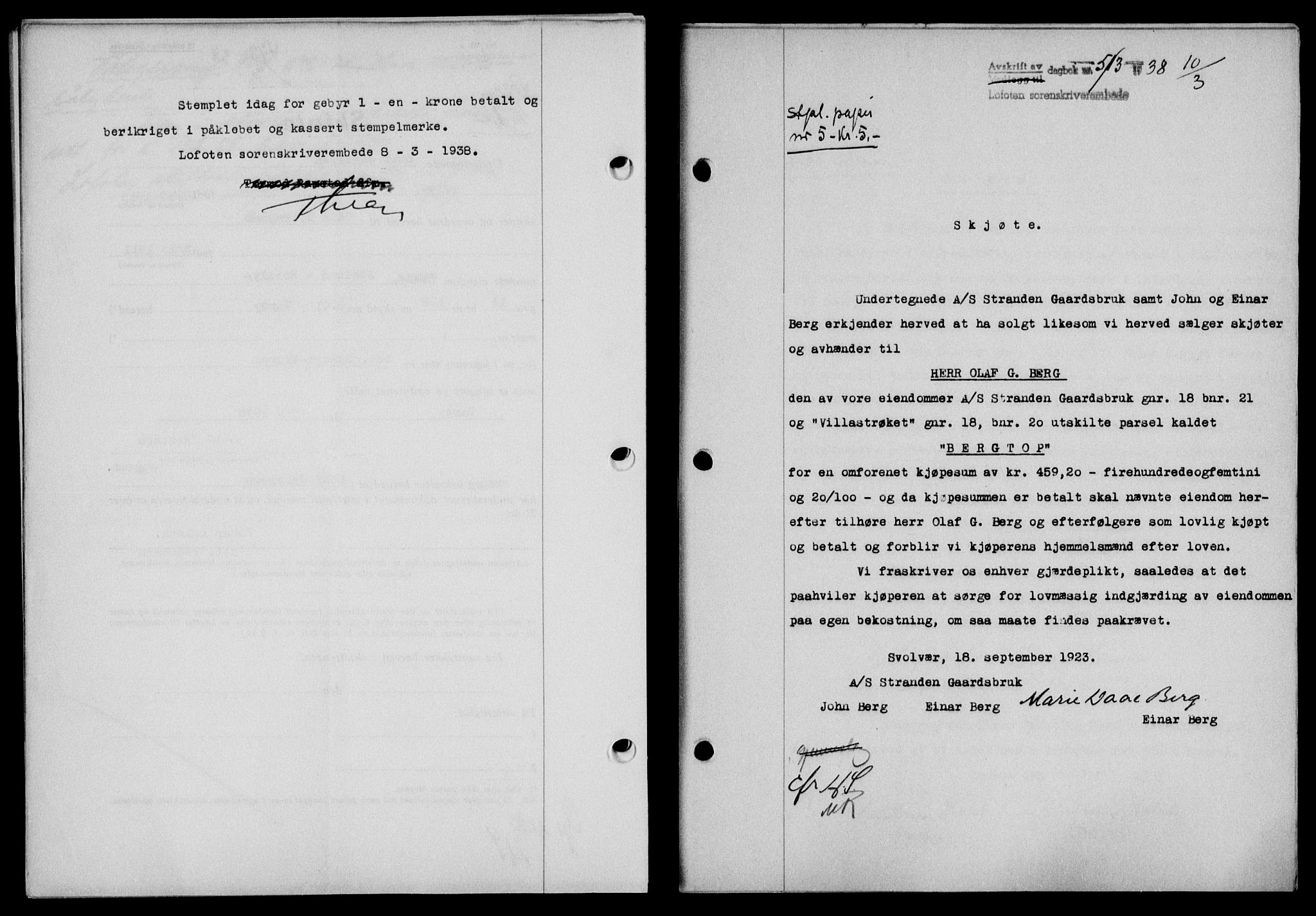 Lofoten sorenskriveri, SAT/A-0017/1/2/2C/L0003a: Mortgage book no. 3a, 1937-1938, Diary no: : 513/1938