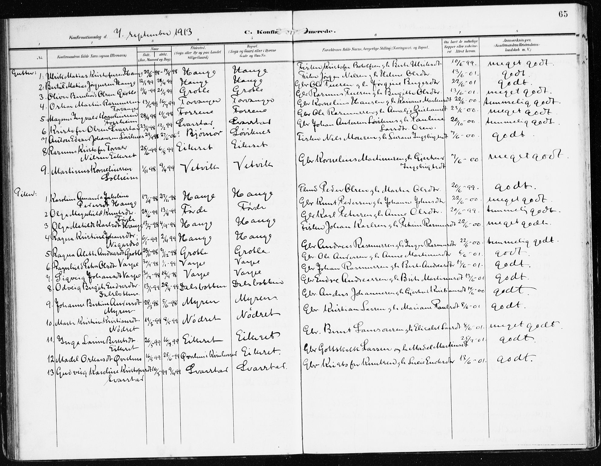 Bremanger sokneprestembete, SAB/A-82201/H/Haa/Haac/L0001: Parish register (official) no. C 1, 1908-1921, p. 65