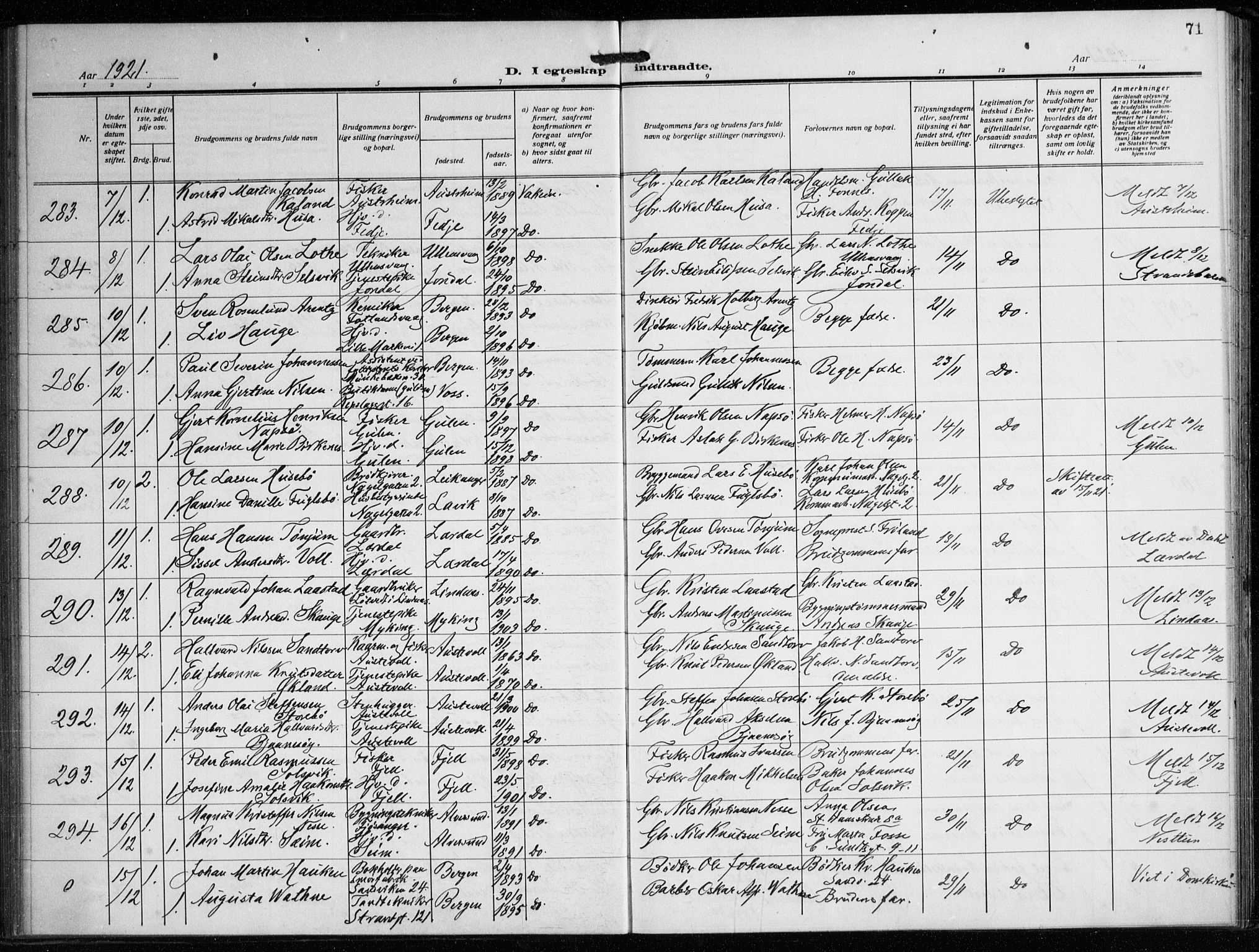 Nykirken Sokneprestembete, SAB/A-77101/H/Haa/L0037: Parish register (official) no. D 7, 1918-1926, p. 71