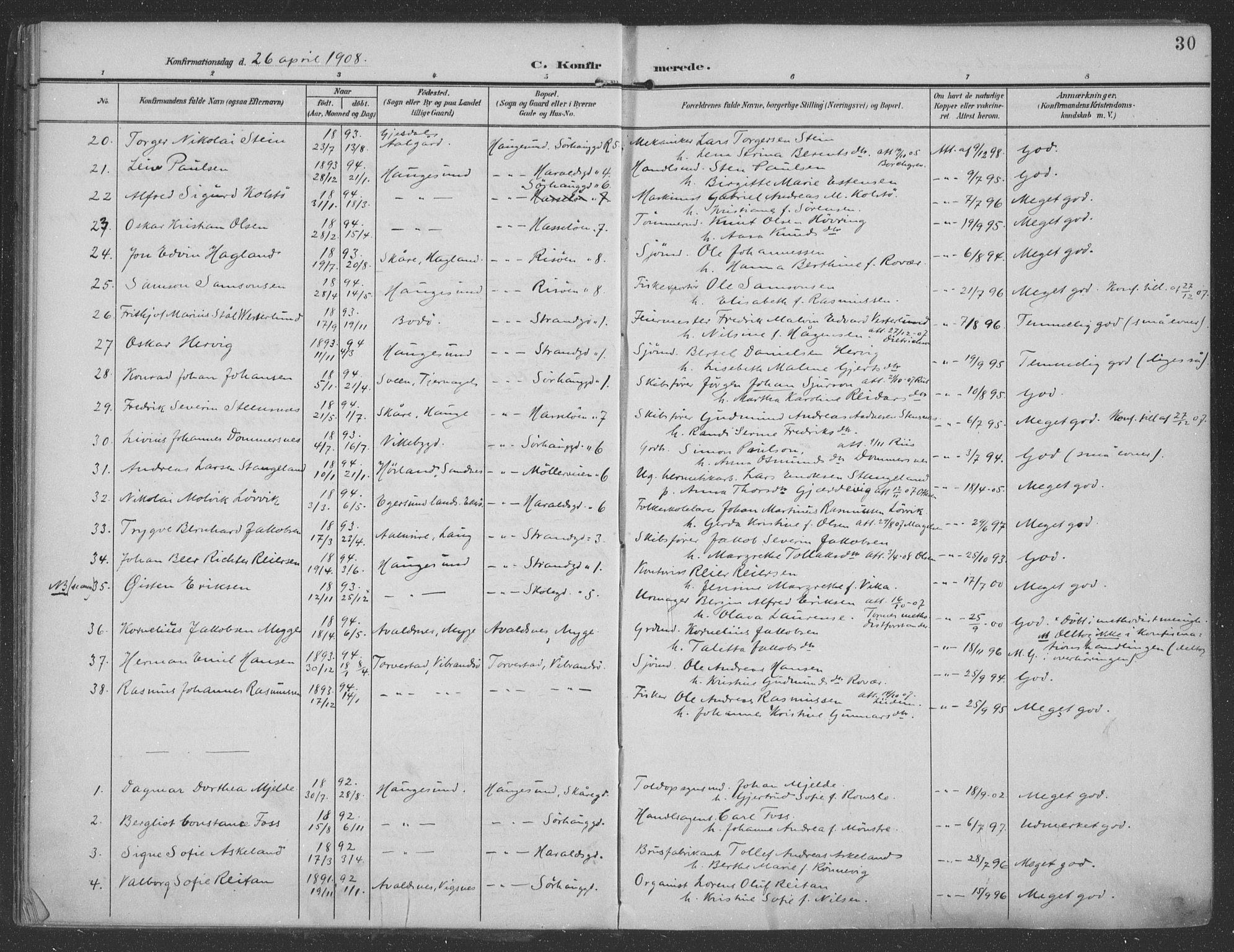 Haugesund sokneprestkontor, AV/SAST-A -101863/H/Ha/Haa/L0007: Parish register (official) no. A 7, 1904-1916, p. 30