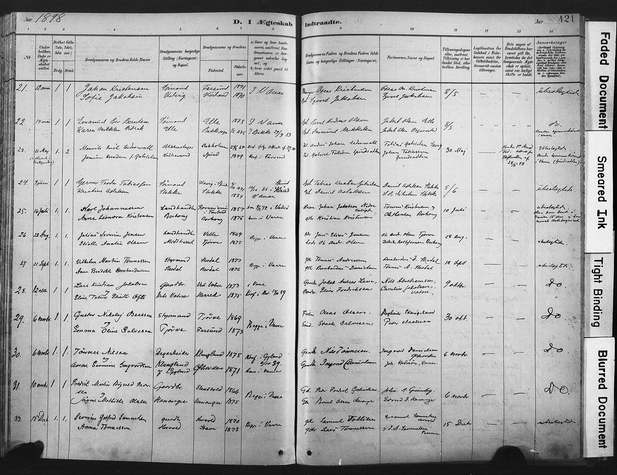 Lista sokneprestkontor, AV/SAK-1111-0027/F/Fa/L0012: Parish register (official) no. A 12, 1879-1903, p. 421