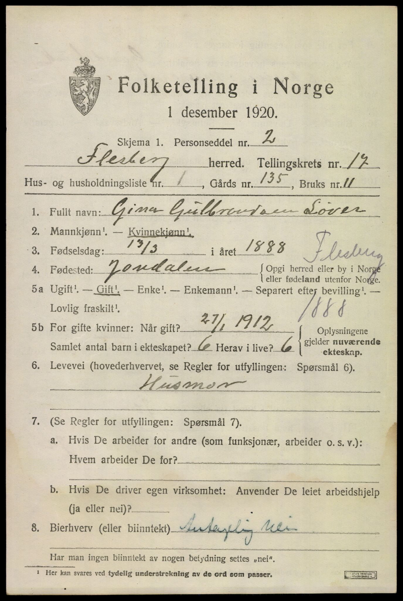 SAKO, 1920 census for Flesberg, 1920, p. 5171