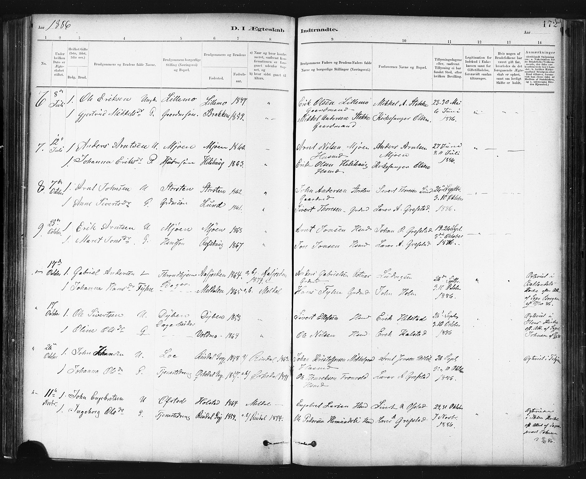 Ministerialprotokoller, klokkerbøker og fødselsregistre - Sør-Trøndelag, SAT/A-1456/672/L0857: Parish register (official) no. 672A09, 1882-1893, p. 172