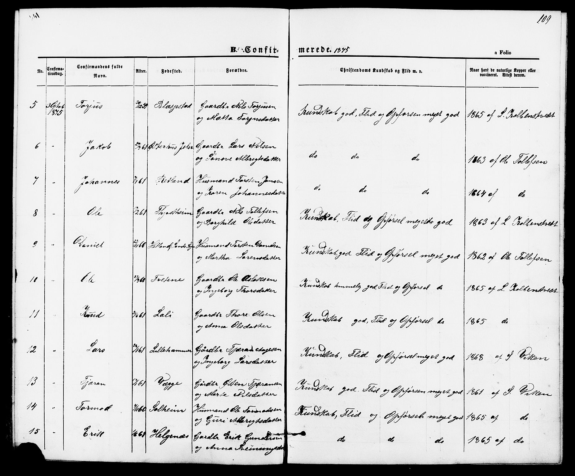 Suldal sokneprestkontor, AV/SAST-A-101845/01/IV/L0010: Parish register (official) no. A 10, 1869-1878, p. 109