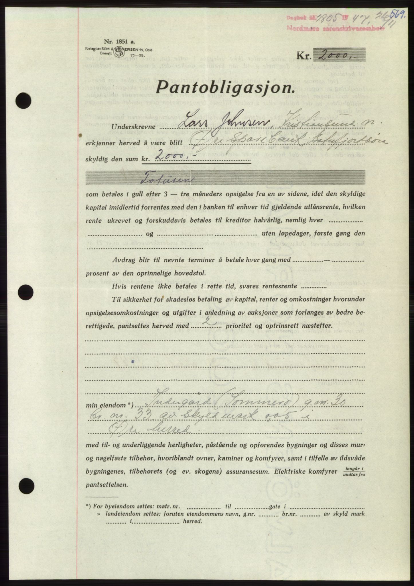 Nordmøre sorenskriveri, AV/SAT-A-4132/1/2/2Ca: Mortgage book no. B97, 1947-1948, Diary no: : 2805/1947