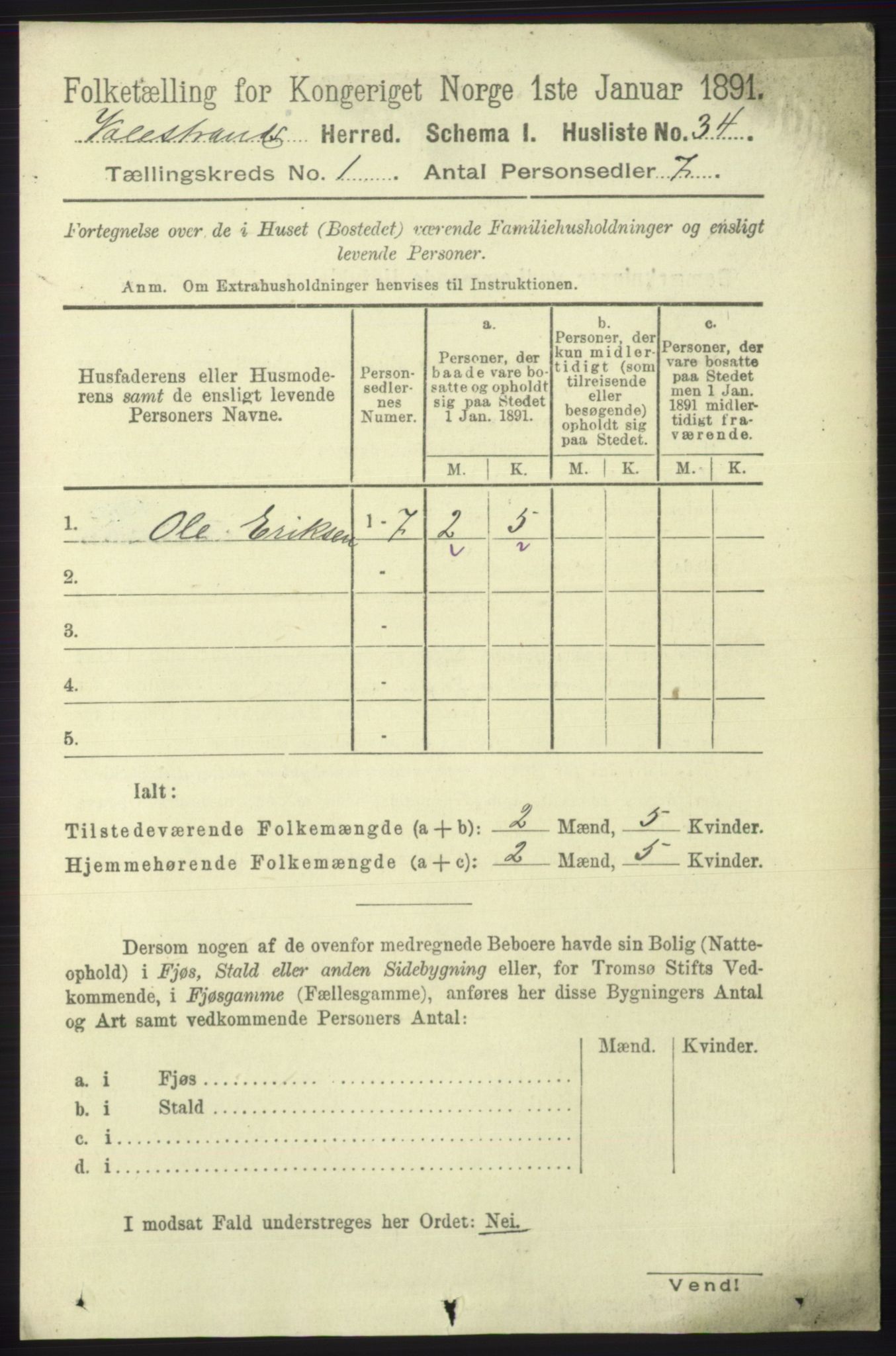 RA, 1891 census for 1217 Valestrand, 1891, p. 49