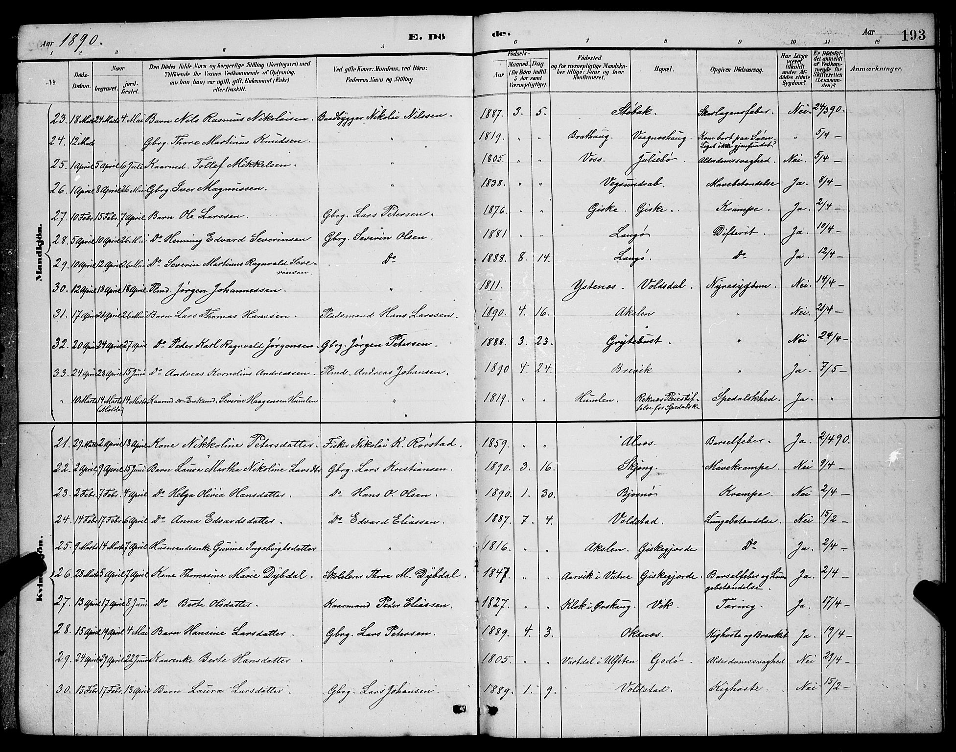 Ministerialprotokoller, klokkerbøker og fødselsregistre - Møre og Romsdal, SAT/A-1454/528/L0430: Parish register (copy) no. 528C11, 1884-1899, p. 193