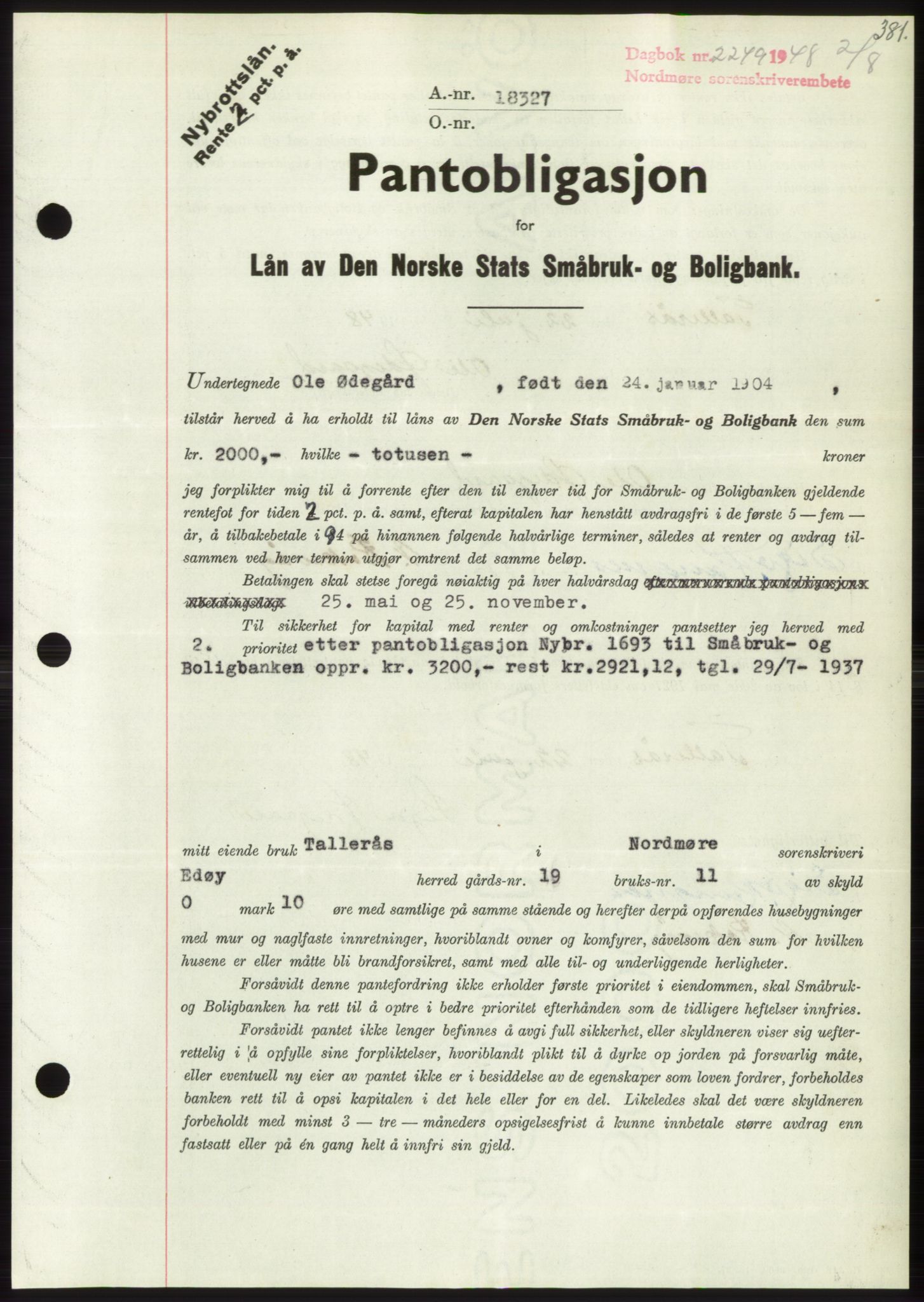 Nordmøre sorenskriveri, AV/SAT-A-4132/1/2/2Ca: Mortgage book no. B99, 1948-1948, Diary no: : 2249/1948