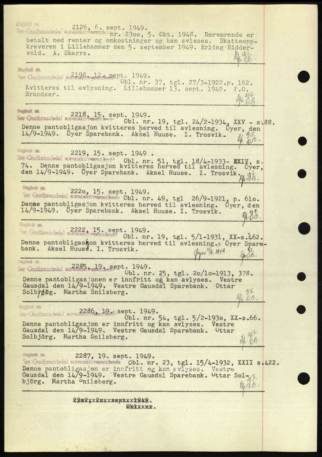 Sør-Gudbrandsdal tingrett, SAH/TING-004/H/Hb/Hbf/L0002: Mortgage book no. C1, 1938-1951, Diary no: : 2126/1949