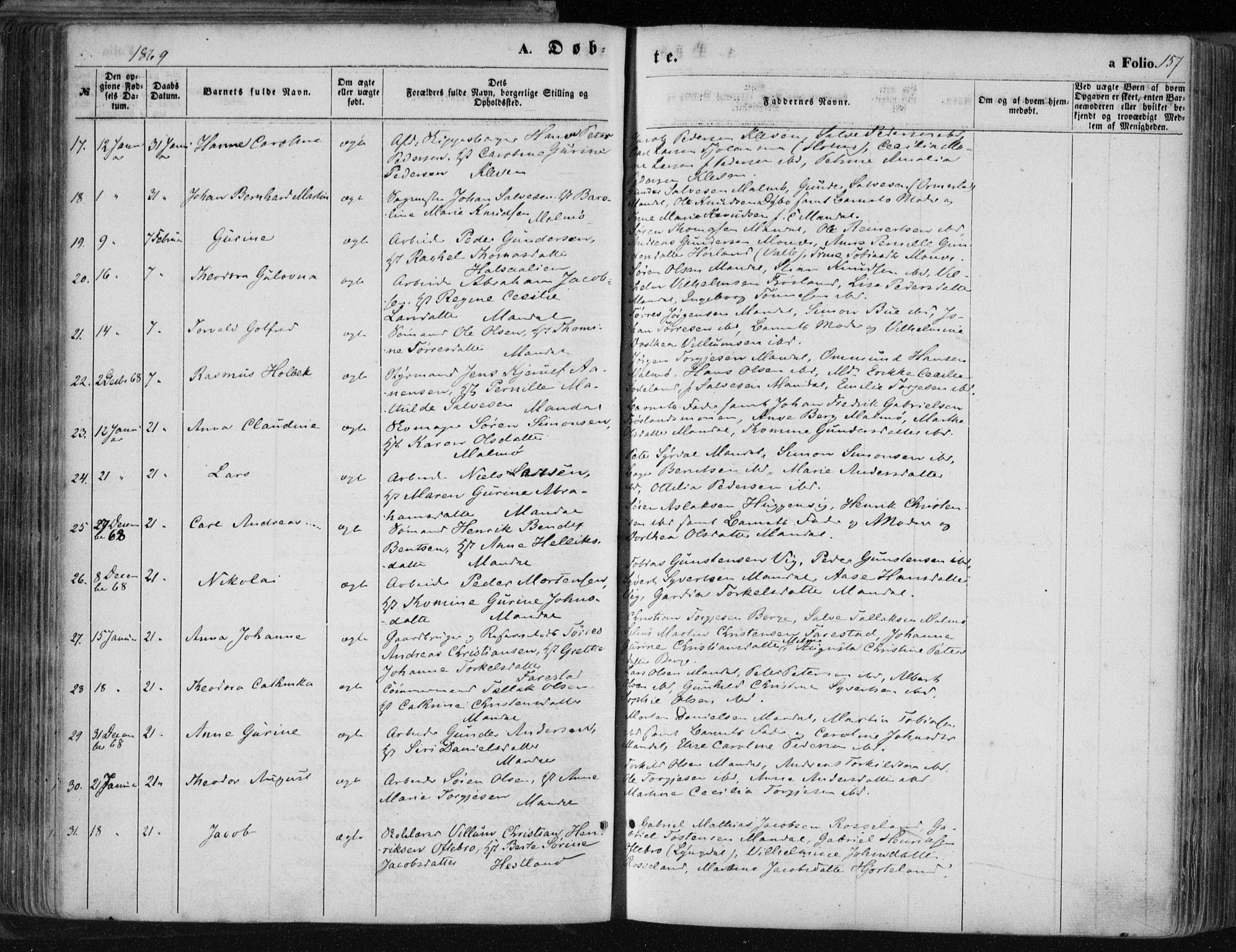 Mandal sokneprestkontor, SAK/1111-0030/F/Fa/Faa/L0014: Parish register (official) no. A 14, 1859-1872, p. 157