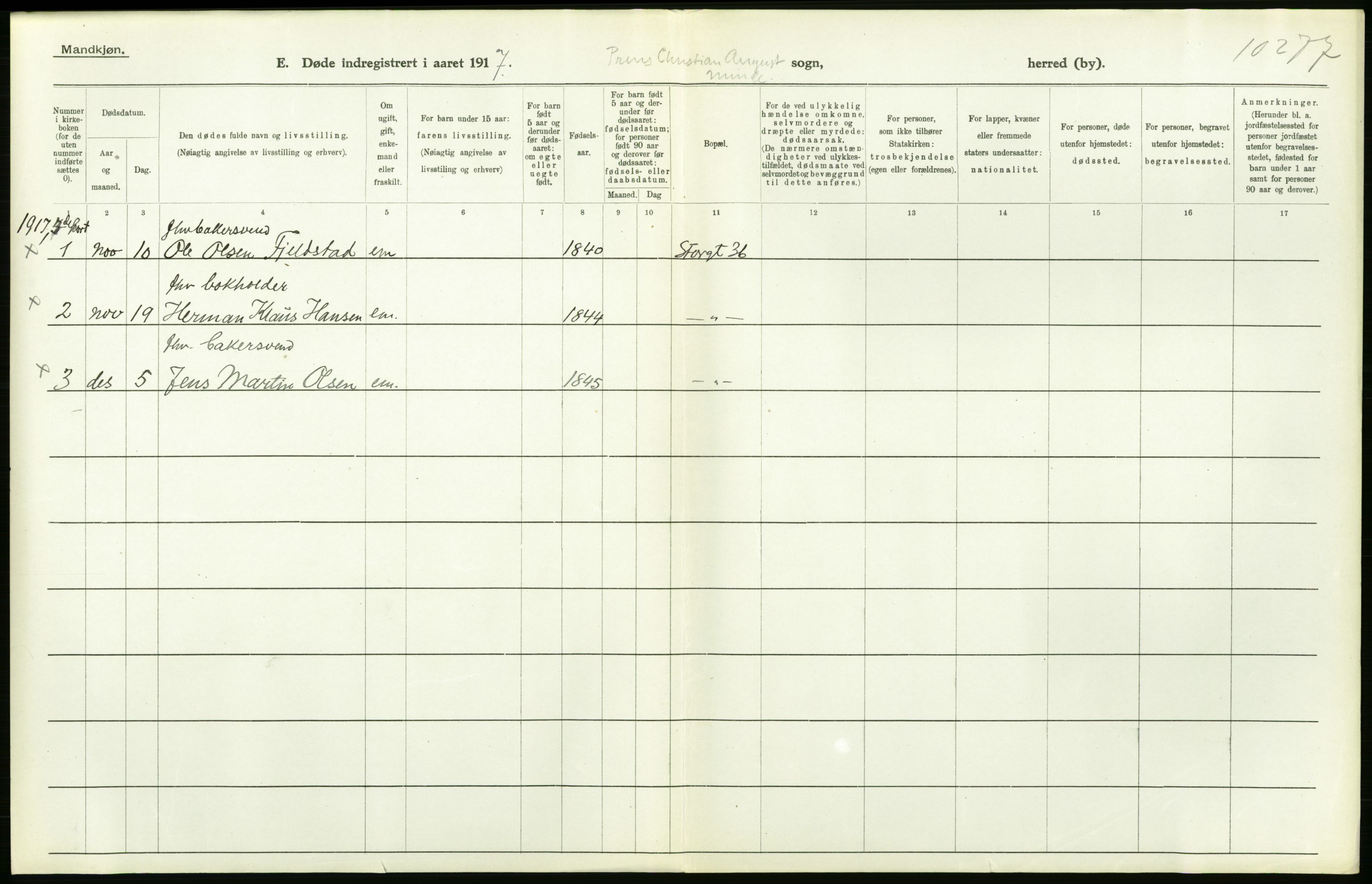 Statistisk sentralbyrå, Sosiodemografiske emner, Befolkning, RA/S-2228/D/Df/Dfb/Dfbg/L0011: Kristiania: Døde, dødfødte., 1917, p. 182