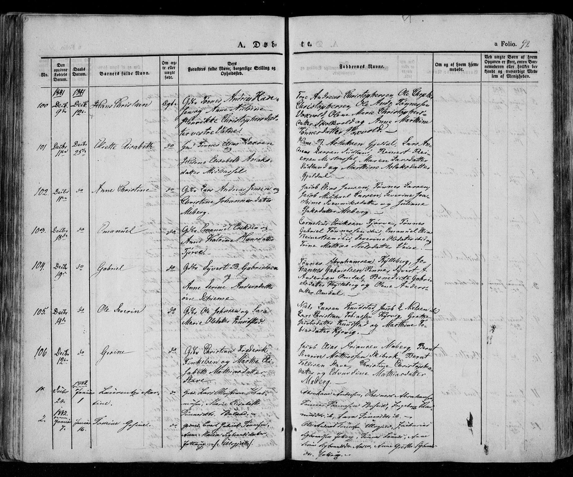 Lista sokneprestkontor, AV/SAK-1111-0027/F/Fa/L0009: Parish register (official) no. A 9, 1835-1846, p. 92