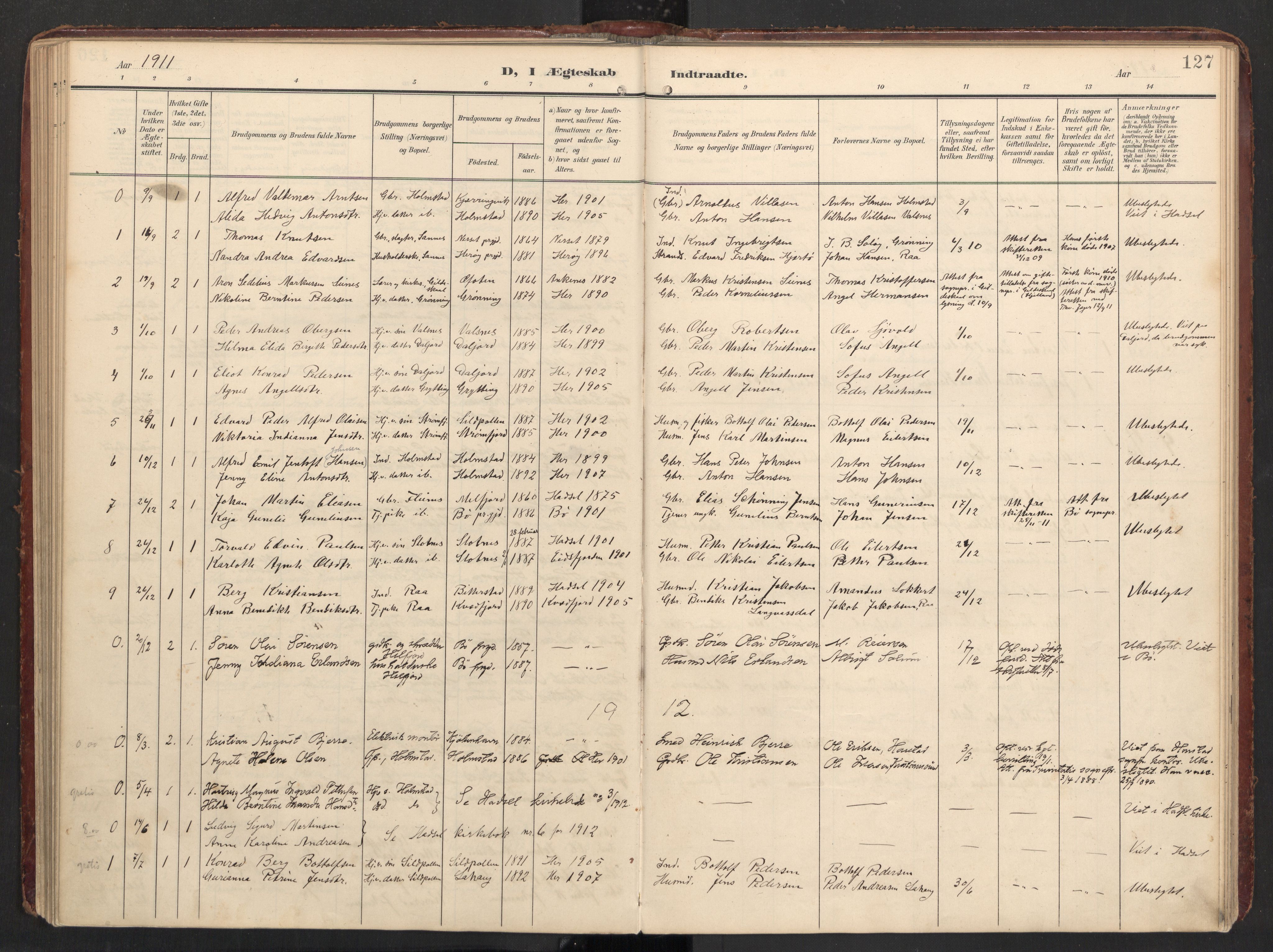 Ministerialprotokoller, klokkerbøker og fødselsregistre - Nordland, SAT/A-1459/890/L1287: Parish register (official) no. 890A02, 1903-1915, p. 127