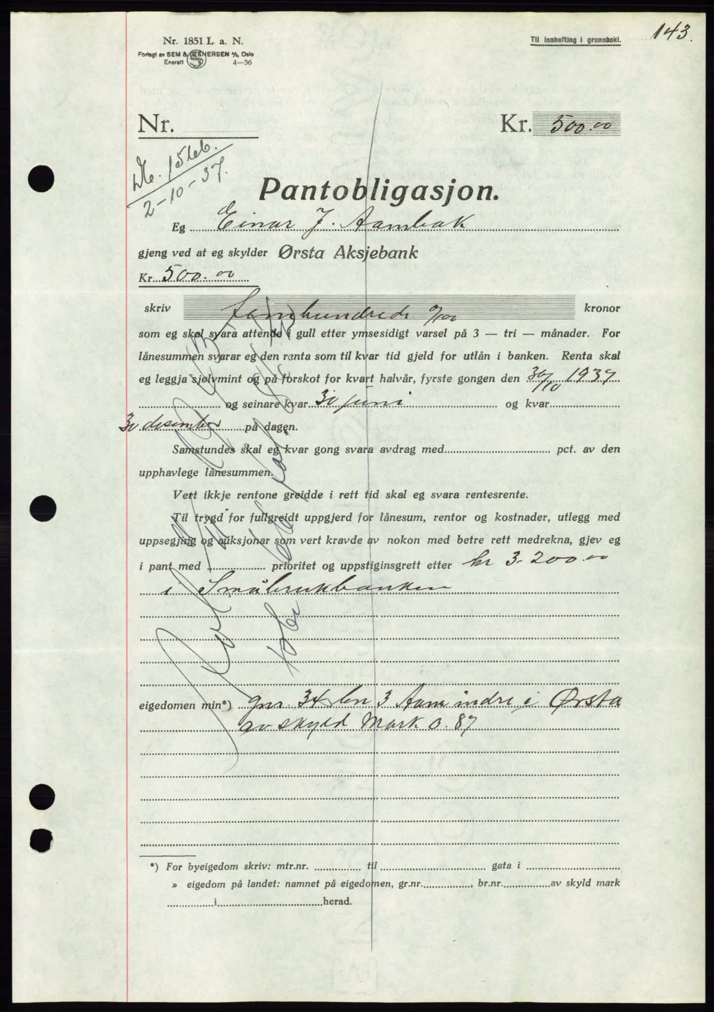 Søre Sunnmøre sorenskriveri, AV/SAT-A-4122/1/2/2C/L0064: Mortgage book no. 58, 1937-1938, Diary no: : 1566/1937