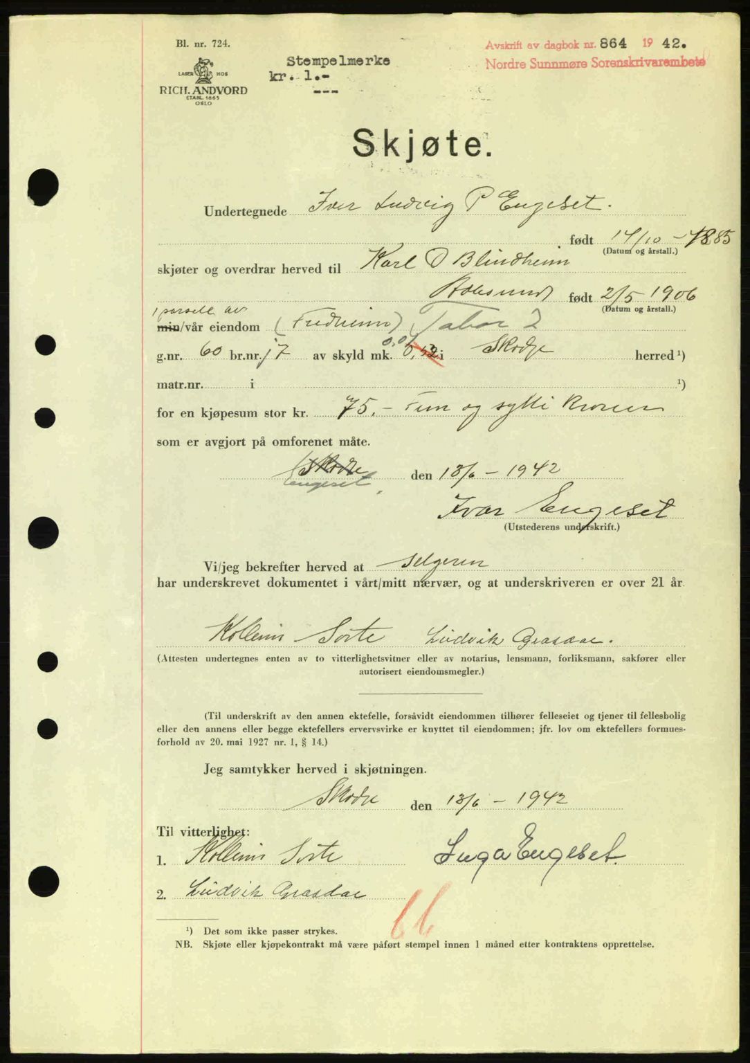 Nordre Sunnmøre sorenskriveri, AV/SAT-A-0006/1/2/2C/2Ca: Mortgage book no. A13, 1942-1942, Diary no: : 864/1942