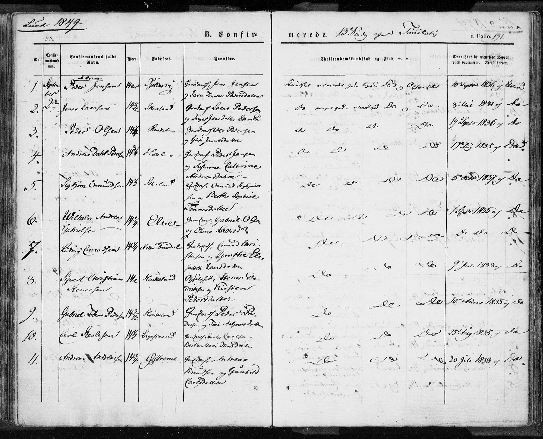 Lund sokneprestkontor, AV/SAST-A-101809/S06/L0007: Parish register (official) no. A 7.1, 1833-1854, p. 191