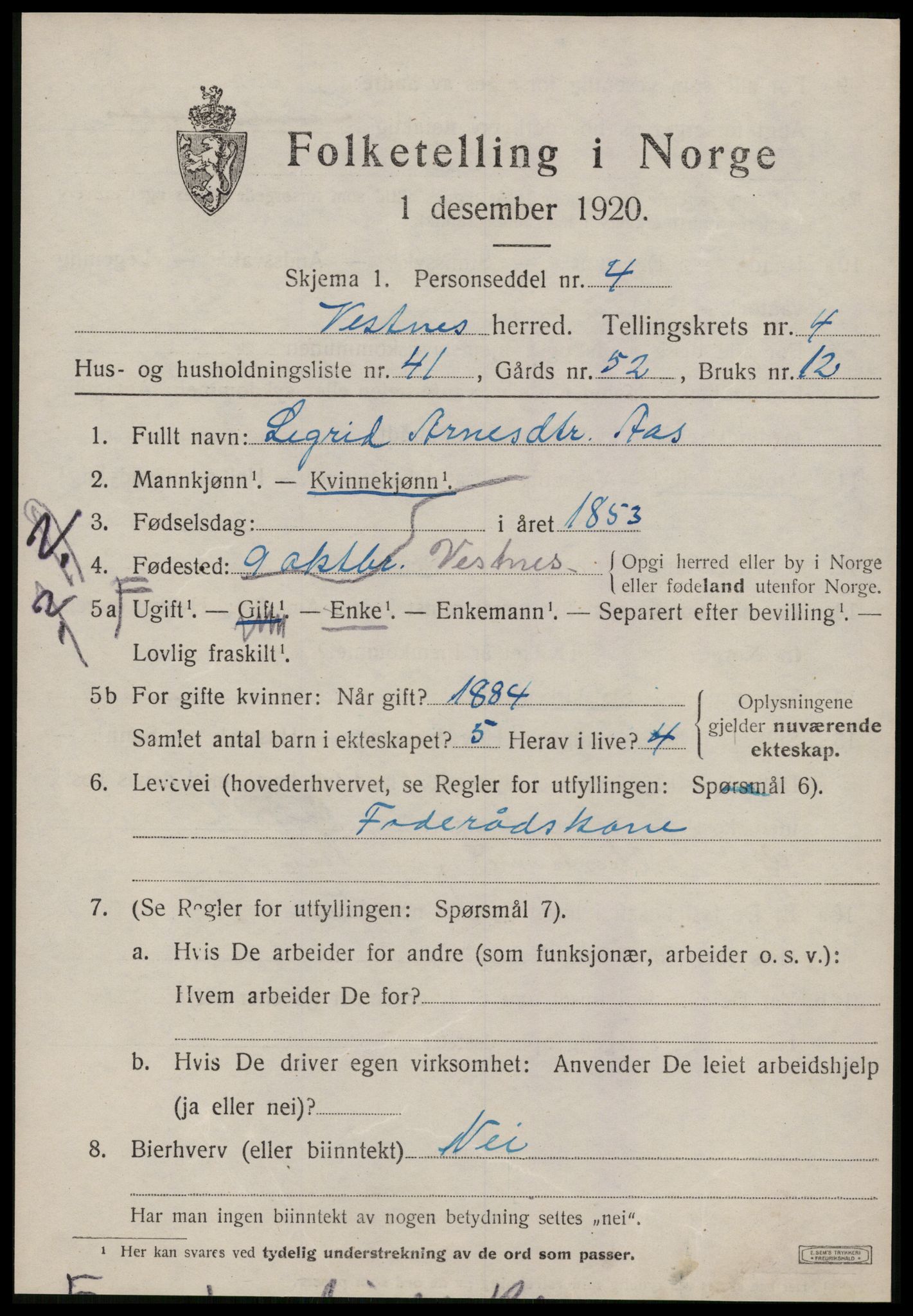 SAT, 1920 census for Vestnes, 1920, p. 3757