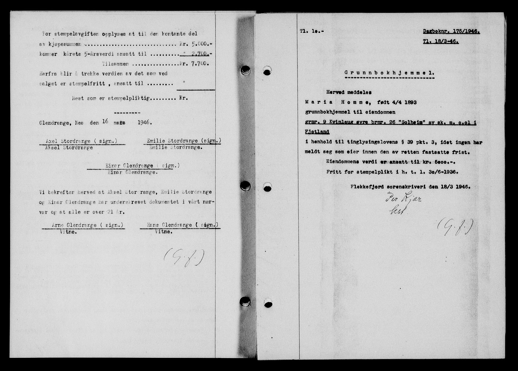 Flekkefjord sorenskriveri, SAK/1221-0001/G/Gb/Gba/L0060: Mortgage book no. A-8, 1945-1946, Diary no: : 175/1946