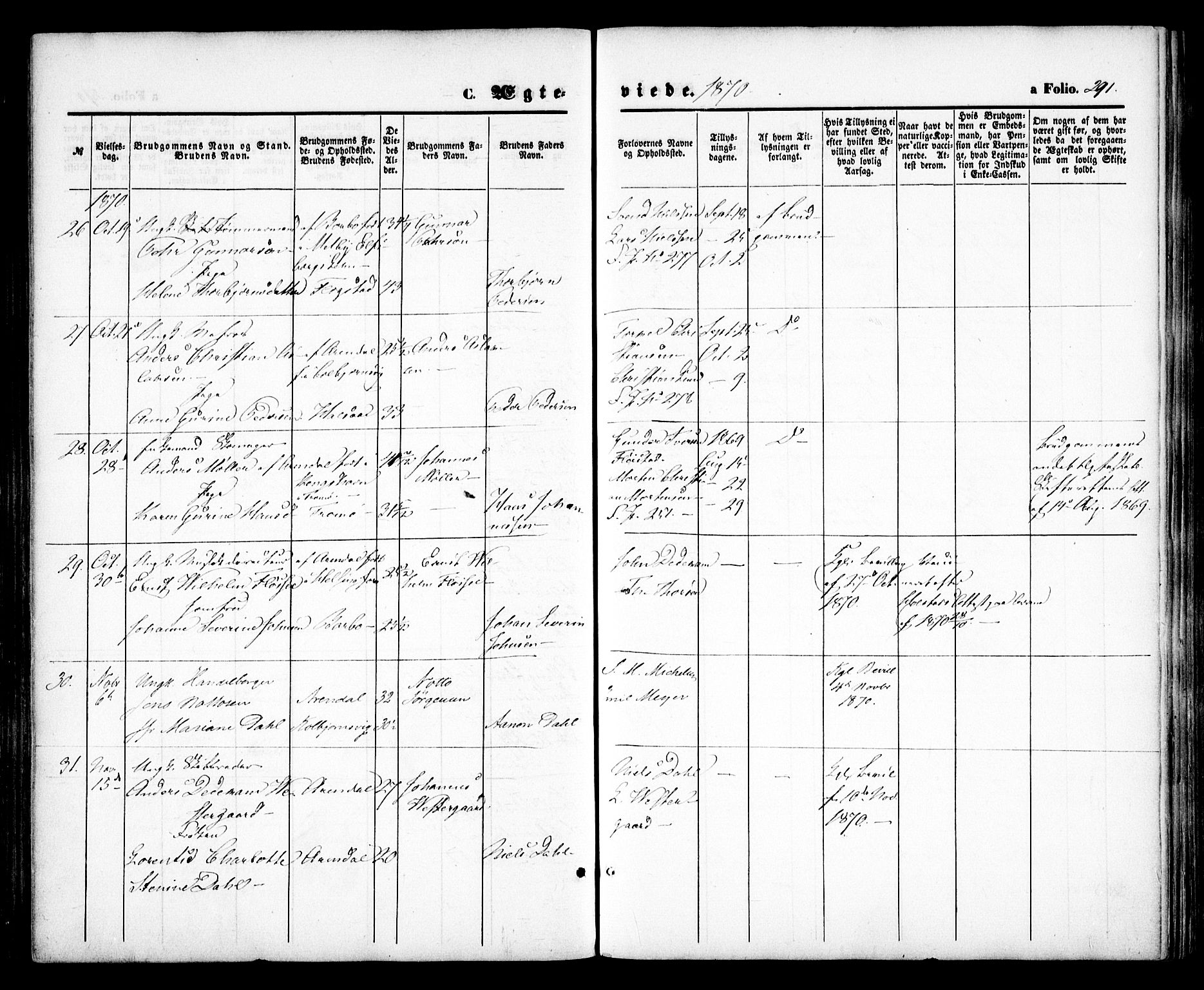 Arendal sokneprestkontor, Trefoldighet, SAK/1111-0040/F/Fa/L0007: Parish register (official) no. A 7, 1868-1878, p. 291