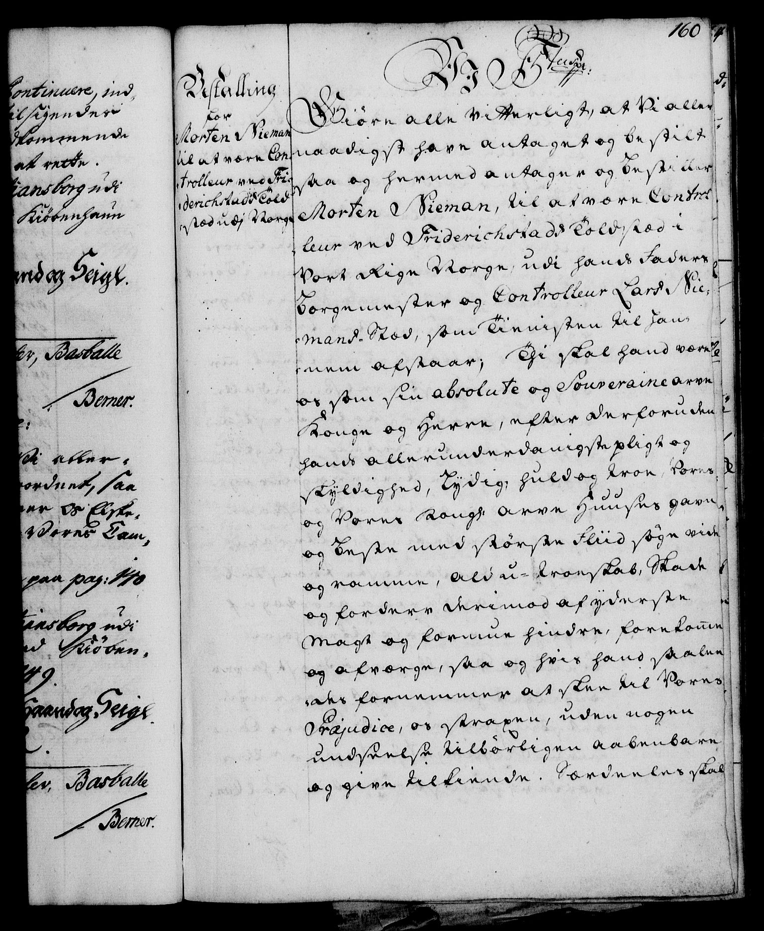Rentekammeret, Kammerkanselliet, RA/EA-3111/G/Gg/Gge/L0003: Norsk bestallingsprotokoll med register (merket RK 53.27), 1745-1761, p. 160
