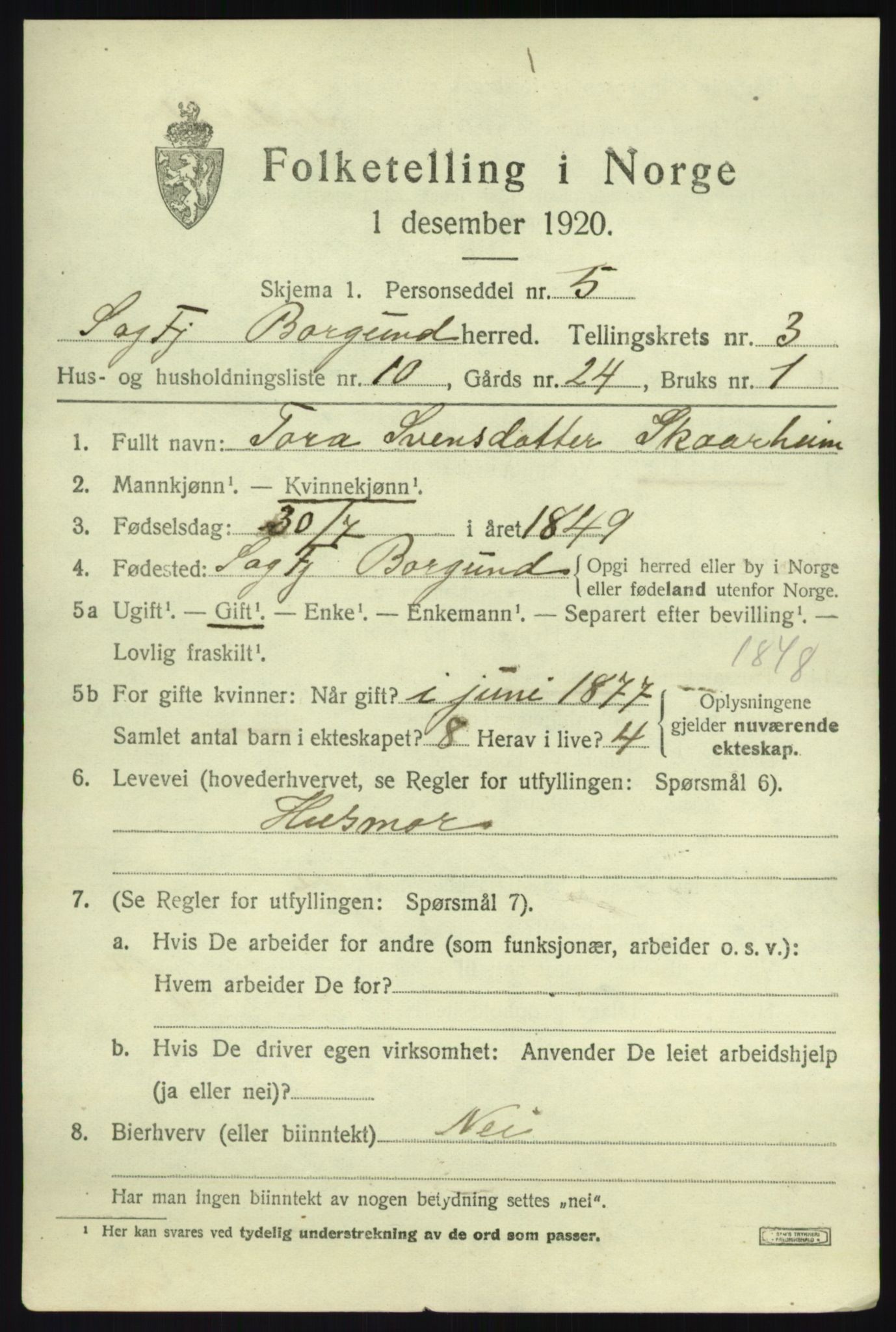 SAB, 1920 census for Borgund, 1920, p. 1224