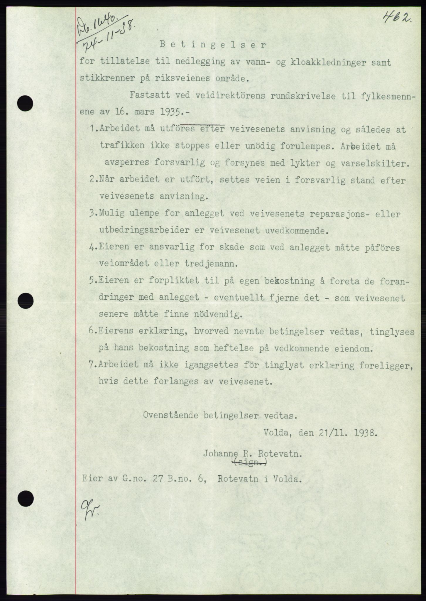 Søre Sunnmøre sorenskriveri, AV/SAT-A-4122/1/2/2C/L0066: Mortgage book no. 60, 1938-1938, Diary no: : 1640/1938