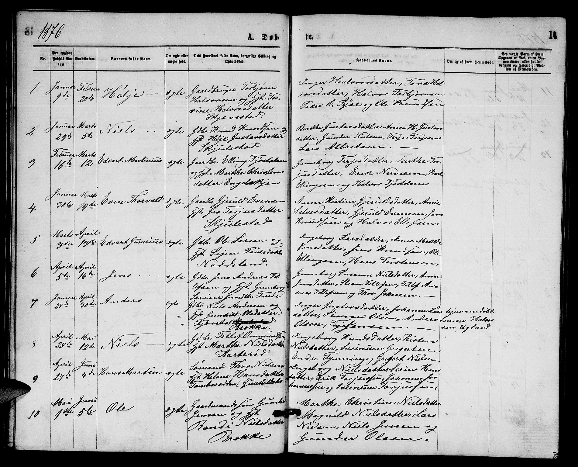 Austre Moland sokneprestkontor, AV/SAK-1111-0001/F/Fb/Fba/L0002: Parish register (copy) no. B 2, 1869-1879, p. 14