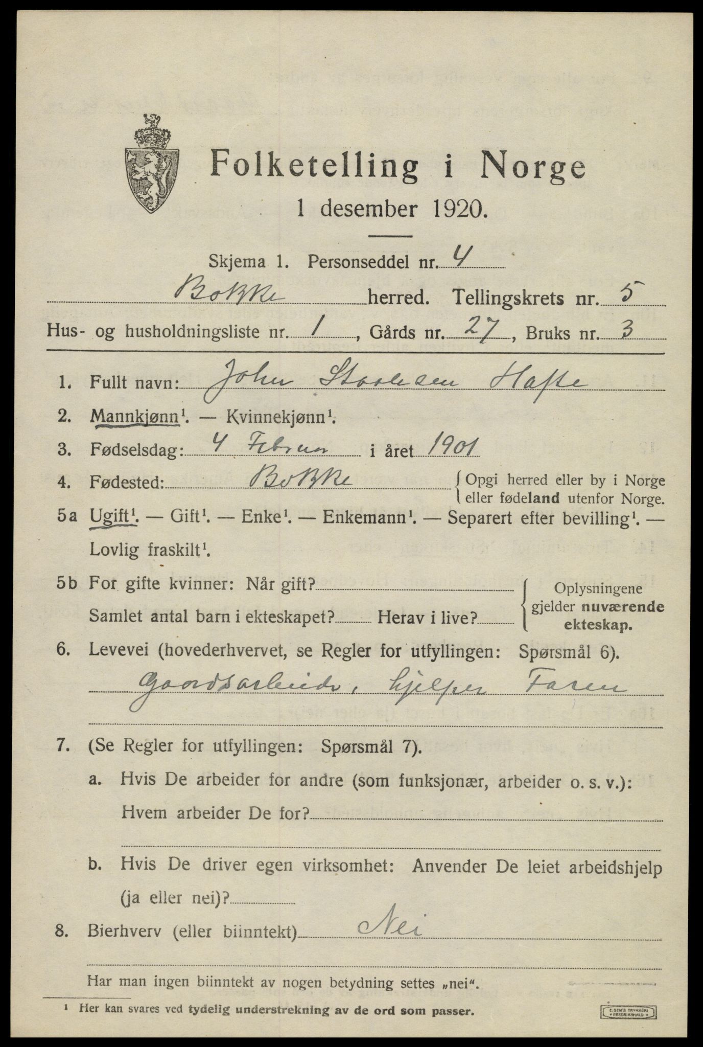 SAK, 1920 census for Bakke, 1920, p. 1434