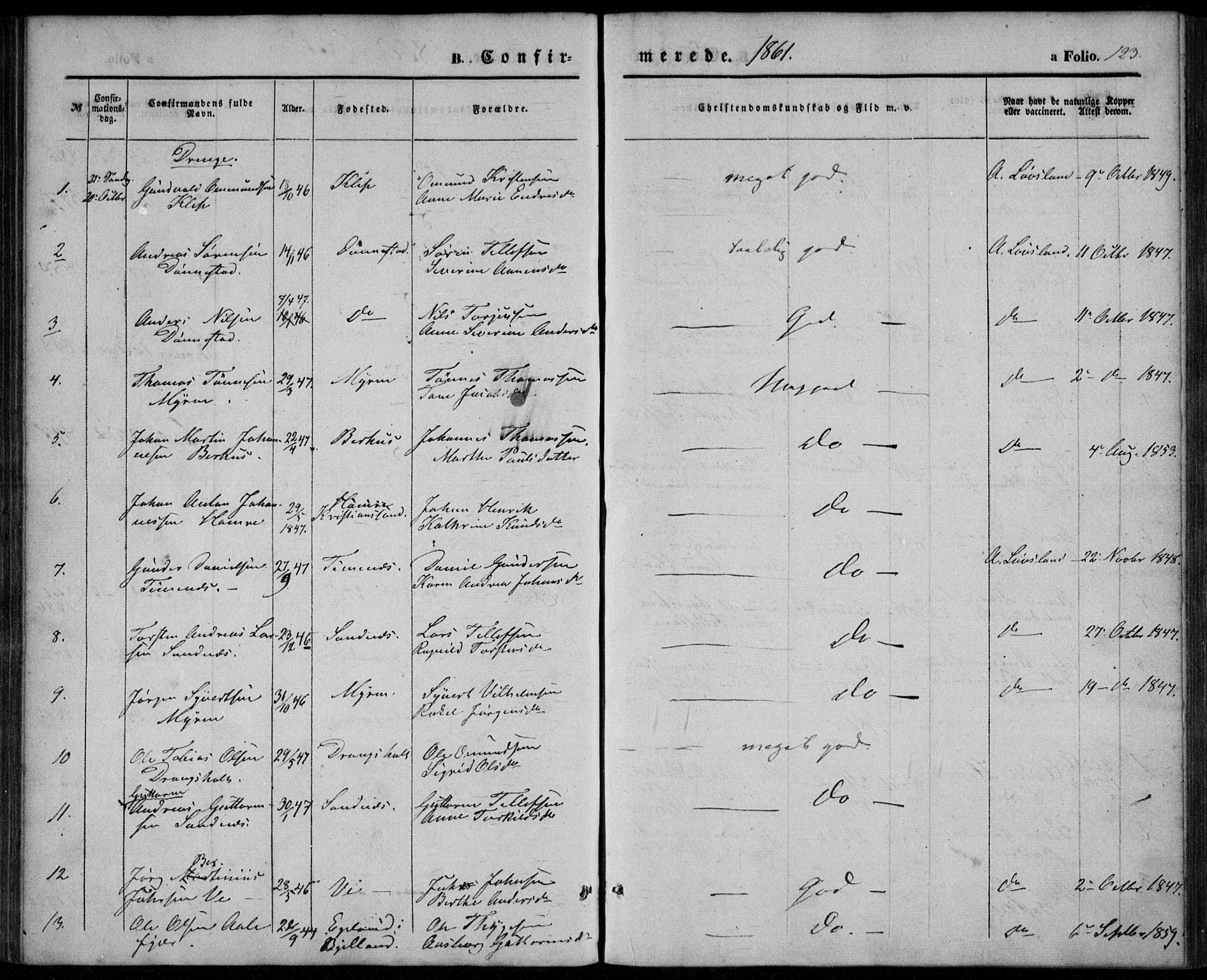 Tveit sokneprestkontor, AV/SAK-1111-0043/F/Fa/L0005: Parish register (official) no. A 5, 1853-1871, p. 123