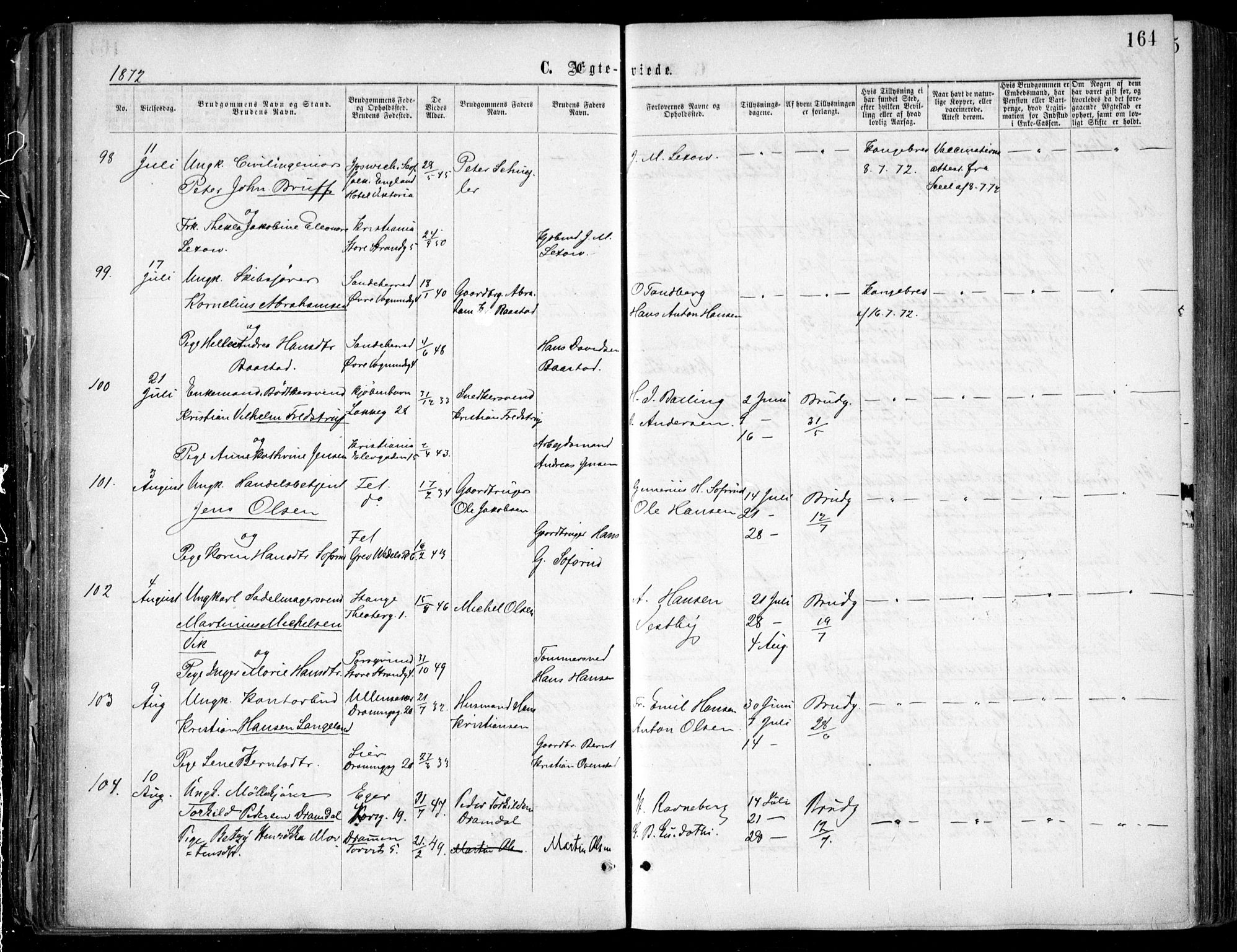 Oslo domkirke Kirkebøker, SAO/A-10752/F/Fa/L0021: Parish register (official) no. 21, 1865-1884, p. 164