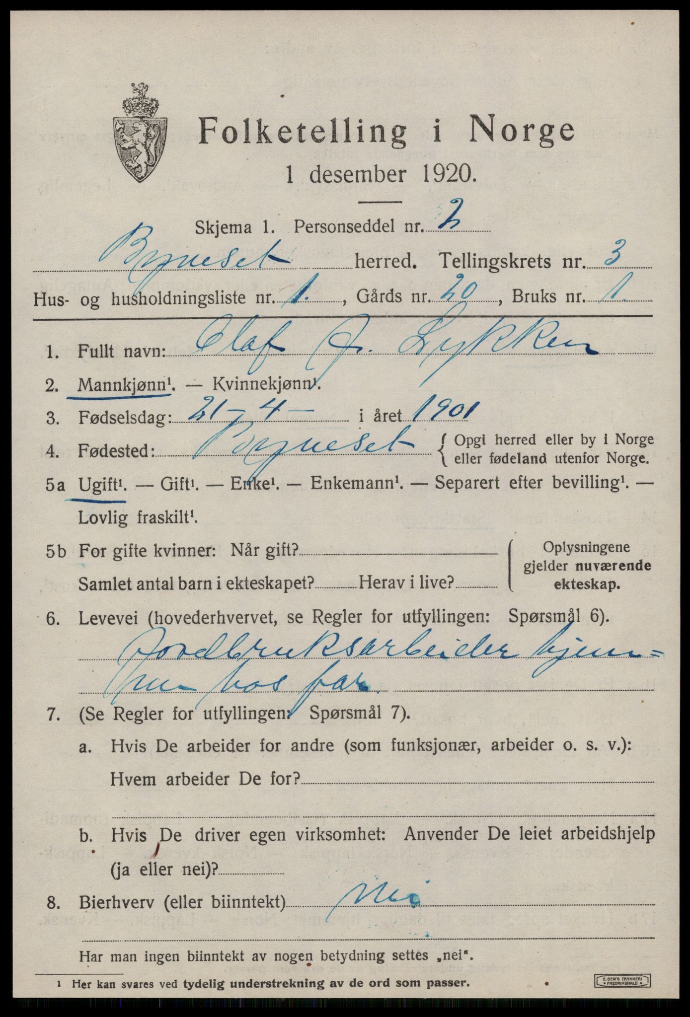 SAT, 1920 census for Byneset, 1920, p. 1628