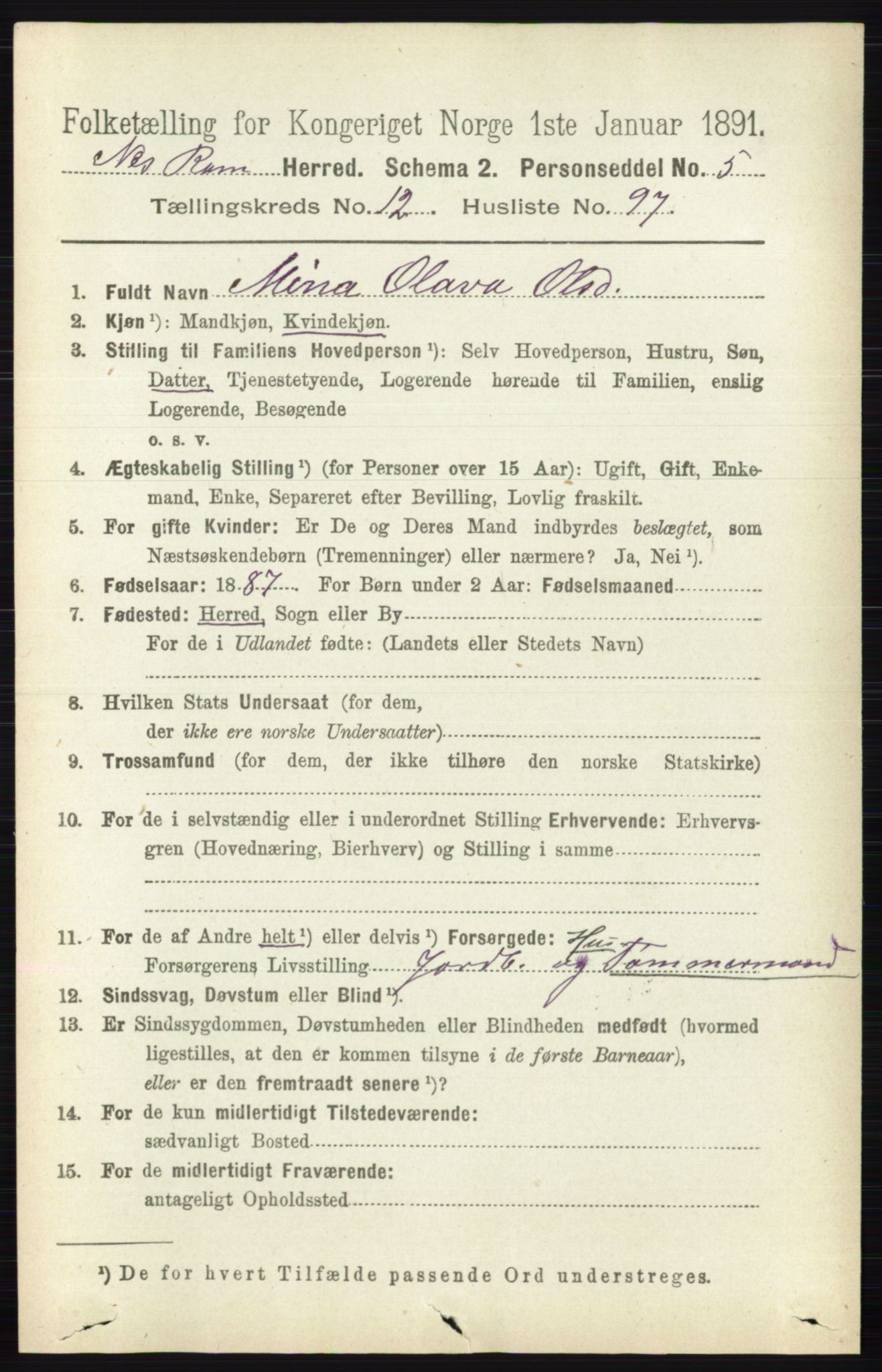 RA, 1891 census for 0236 Nes, 1891, p. 7731