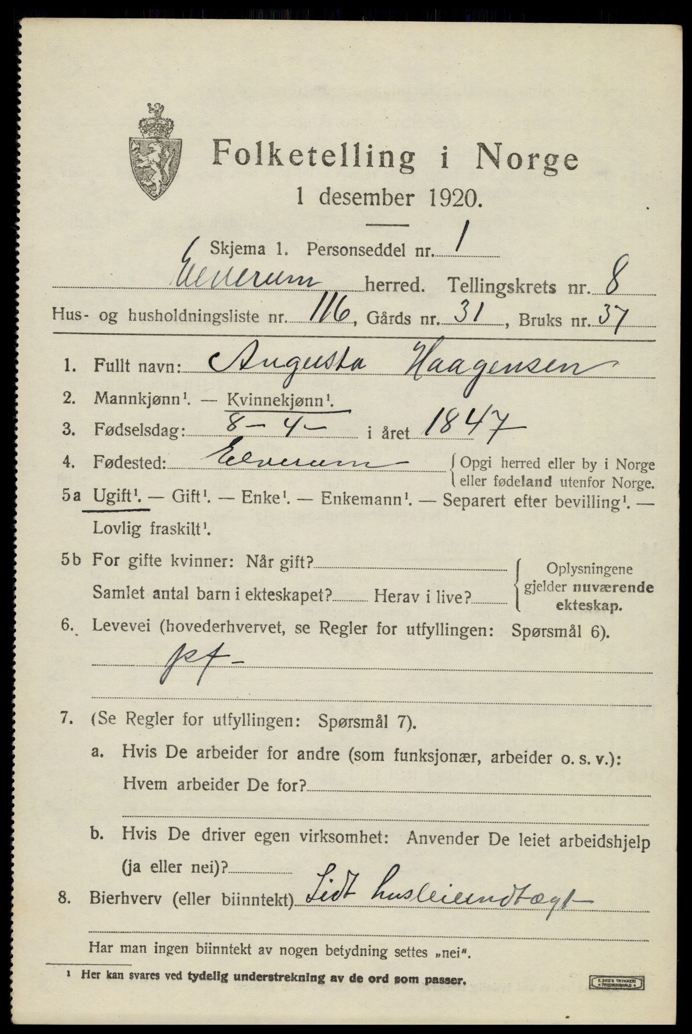 SAH, 1920 census for Elverum, 1920, p. 15226