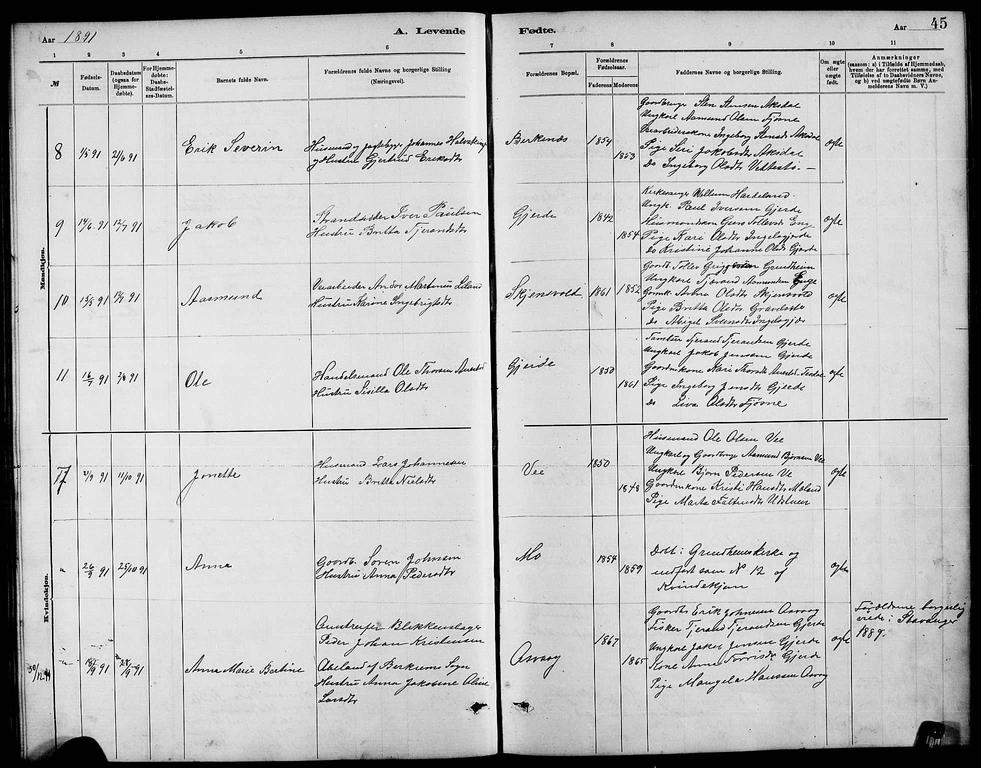 Etne sokneprestembete, AV/SAB-A-75001/H/Hab: Parish register (copy) no. B 4, 1879-1897, p. 45