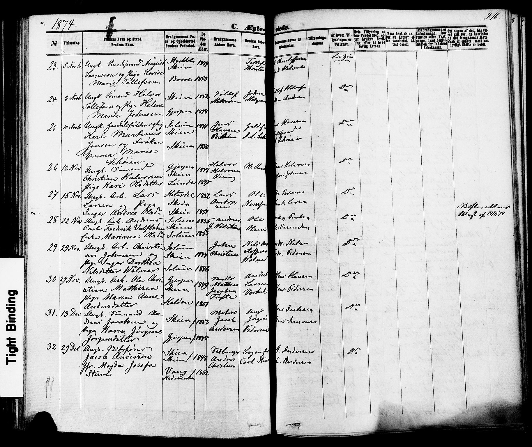 Skien kirkebøker, SAKO/A-302/F/Fa/L0008: Parish register (official) no. 8, 1866-1877, p. 216