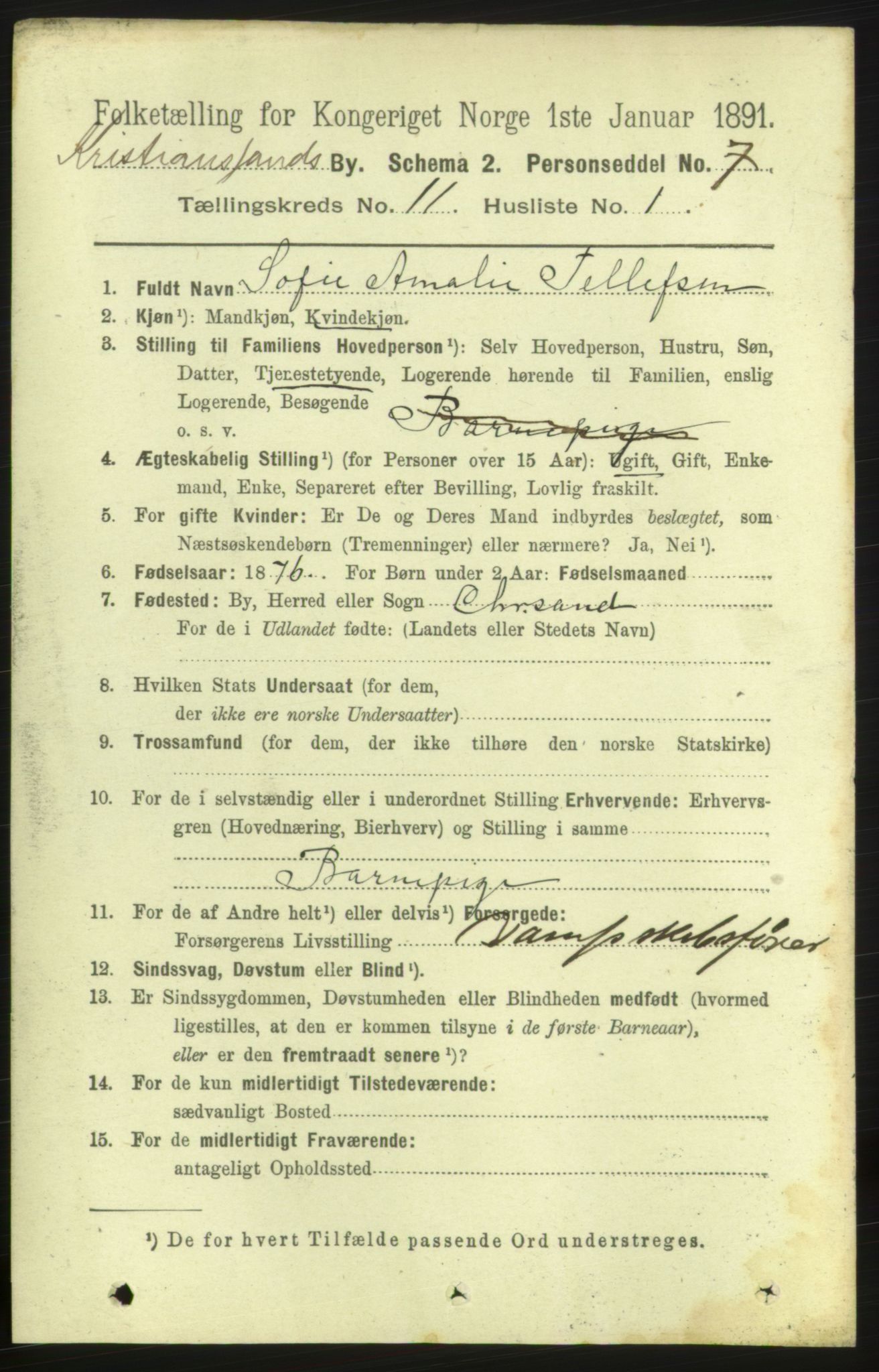 RA, 1891 census for 1001 Kristiansand, 1891, p. 5590