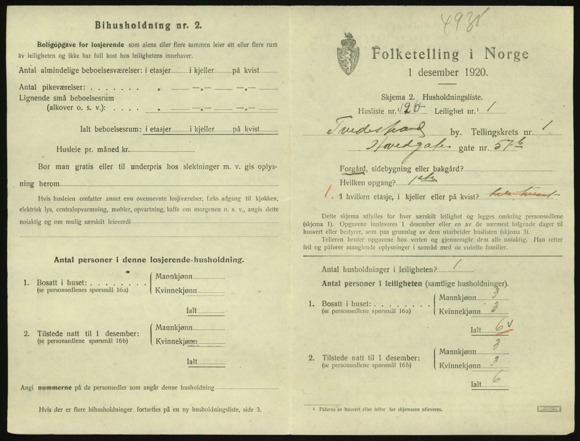 SAK, 1920 census for Tvedestrand, 1920, p. 905