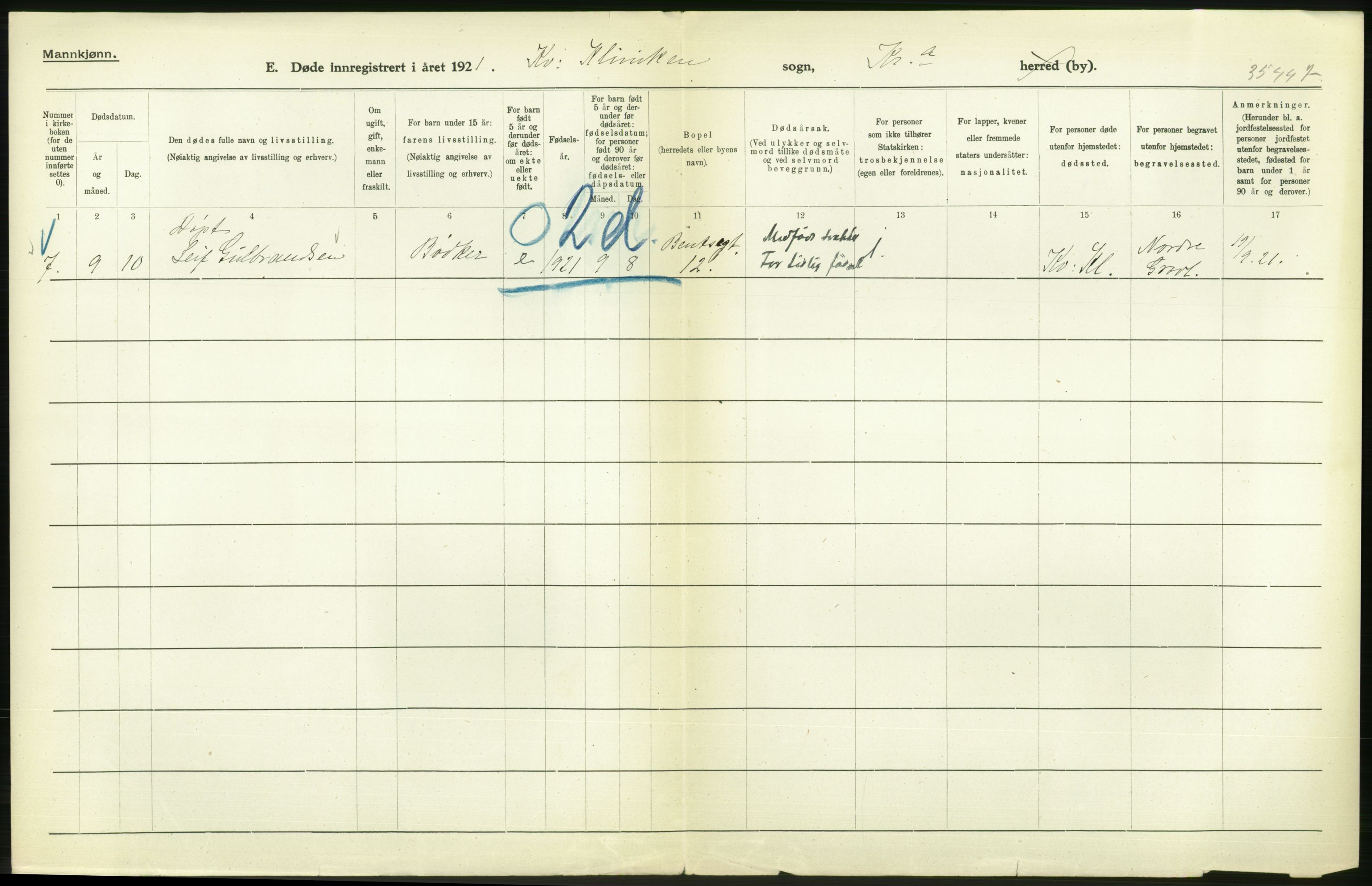 Statistisk sentralbyrå, Sosiodemografiske emner, Befolkning, AV/RA-S-2228/D/Df/Dfc/Dfca/L0013: Kristiania: Døde, dødfødte, 1921, p. 234