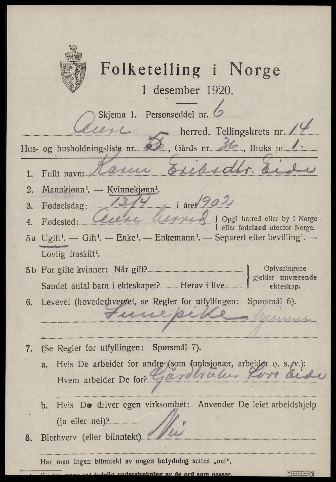 SAT, 1920 census for Aure, 1920, p. 5412