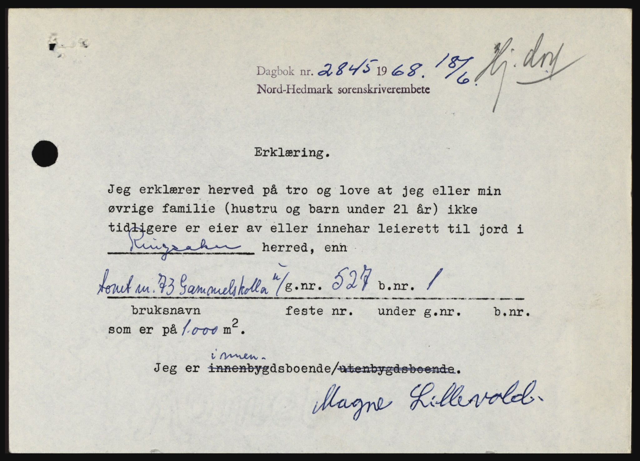 Nord-Hedmark sorenskriveri, SAH/TING-012/H/Hc/L0028: Mortgage book no. 28, 1968-1968, Diary no: : 2845/1968