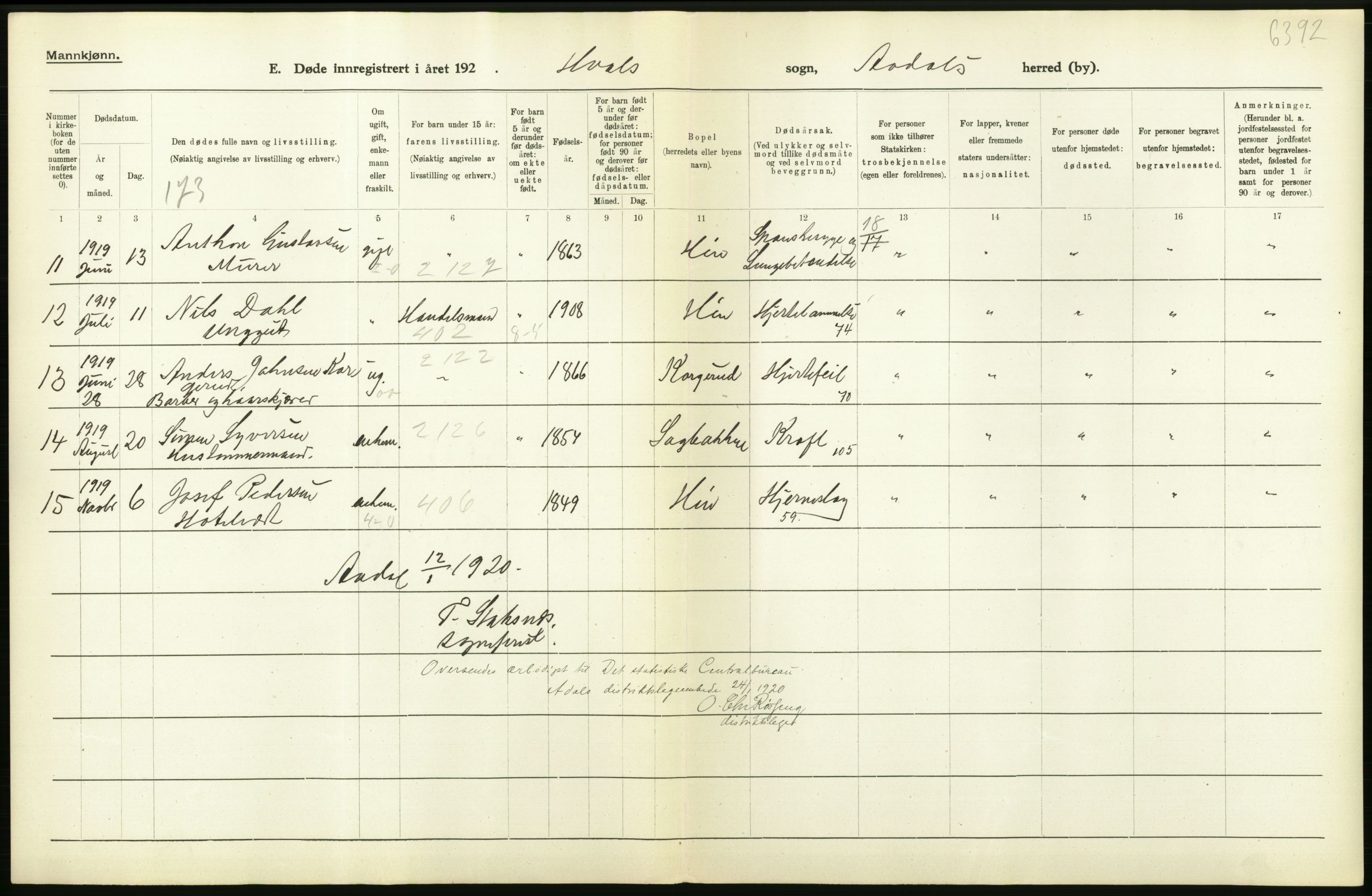 Statistisk sentralbyrå, Sosiodemografiske emner, Befolkning, AV/RA-S-2228/D/Df/Dfb/Dfbi/L0018: Buskerud fylke: Døde. Bygder og byer., 1919, p. 202