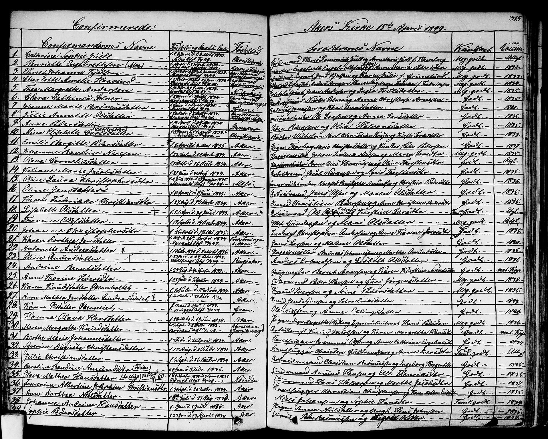 Aker prestekontor kirkebøker, SAO/A-10861/F/L0018: Parish register (official) no. 17, 1829-1852, p. 315