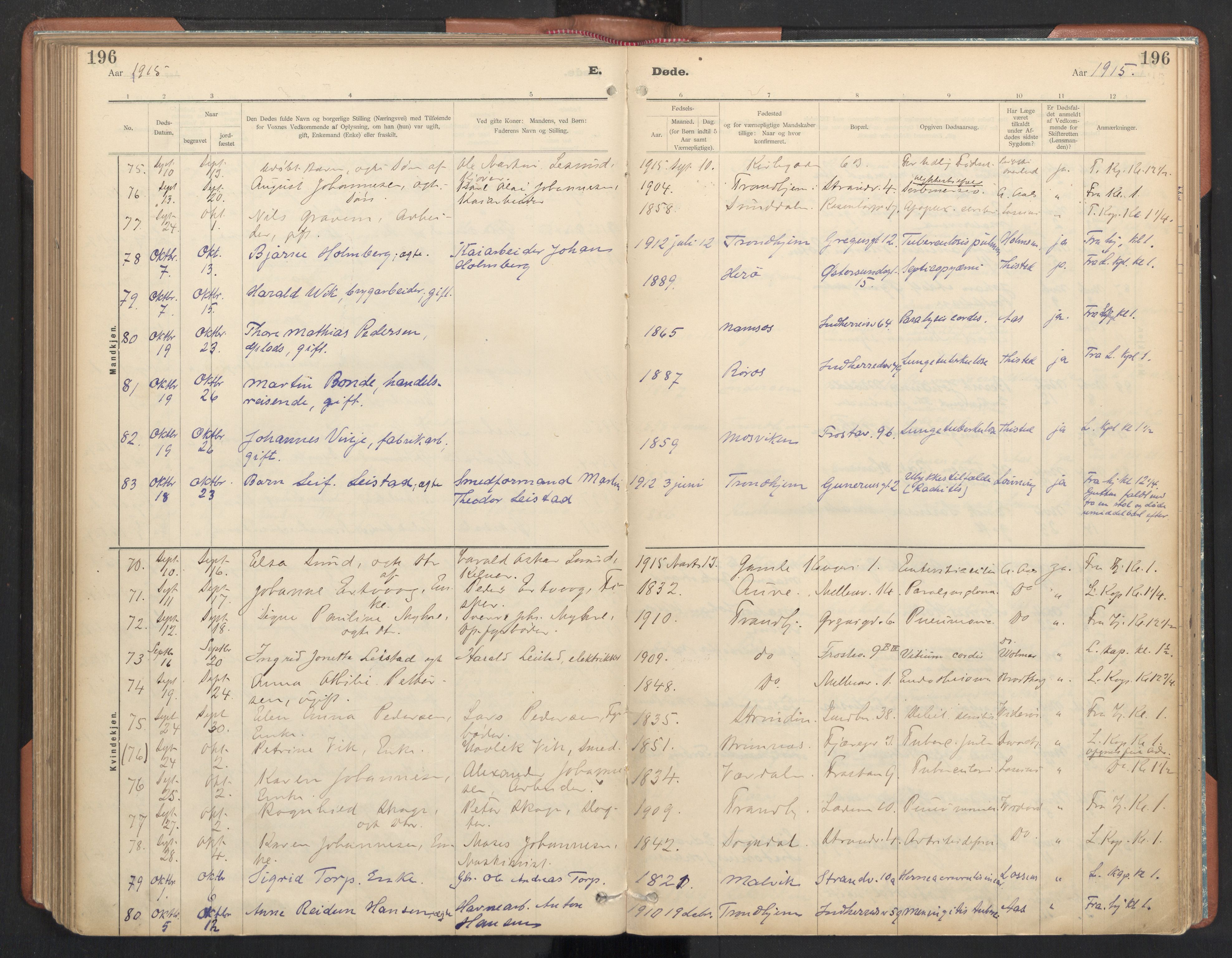 Ministerialprotokoller, klokkerbøker og fødselsregistre - Sør-Trøndelag, AV/SAT-A-1456/605/L0244: Parish register (official) no. 605A06, 1908-1954, p. 196