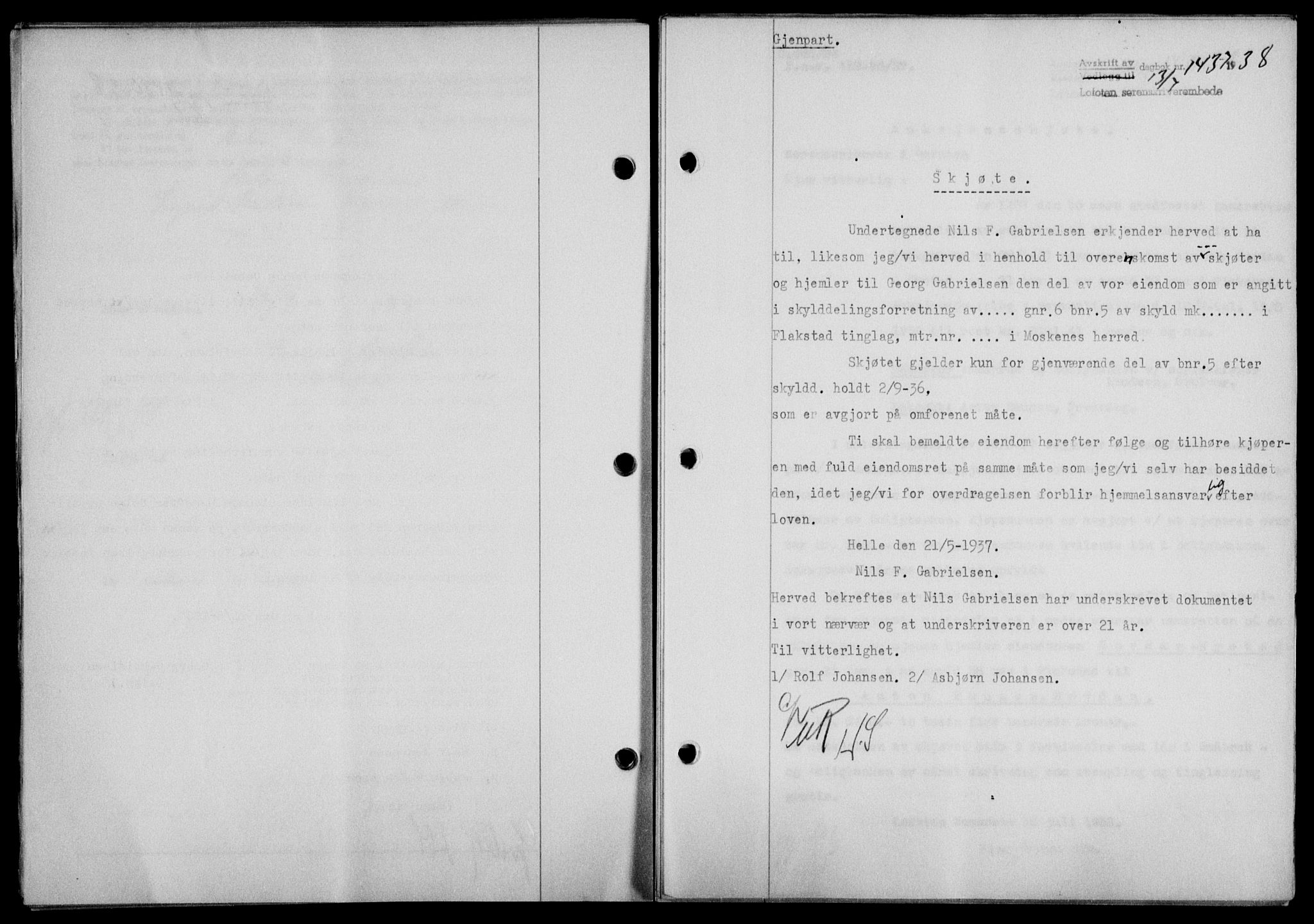 Lofoten sorenskriveri, SAT/A-0017/1/2/2C/L0004a: Mortgage book no. 4a, 1938-1938, Diary no: : 1437/1938