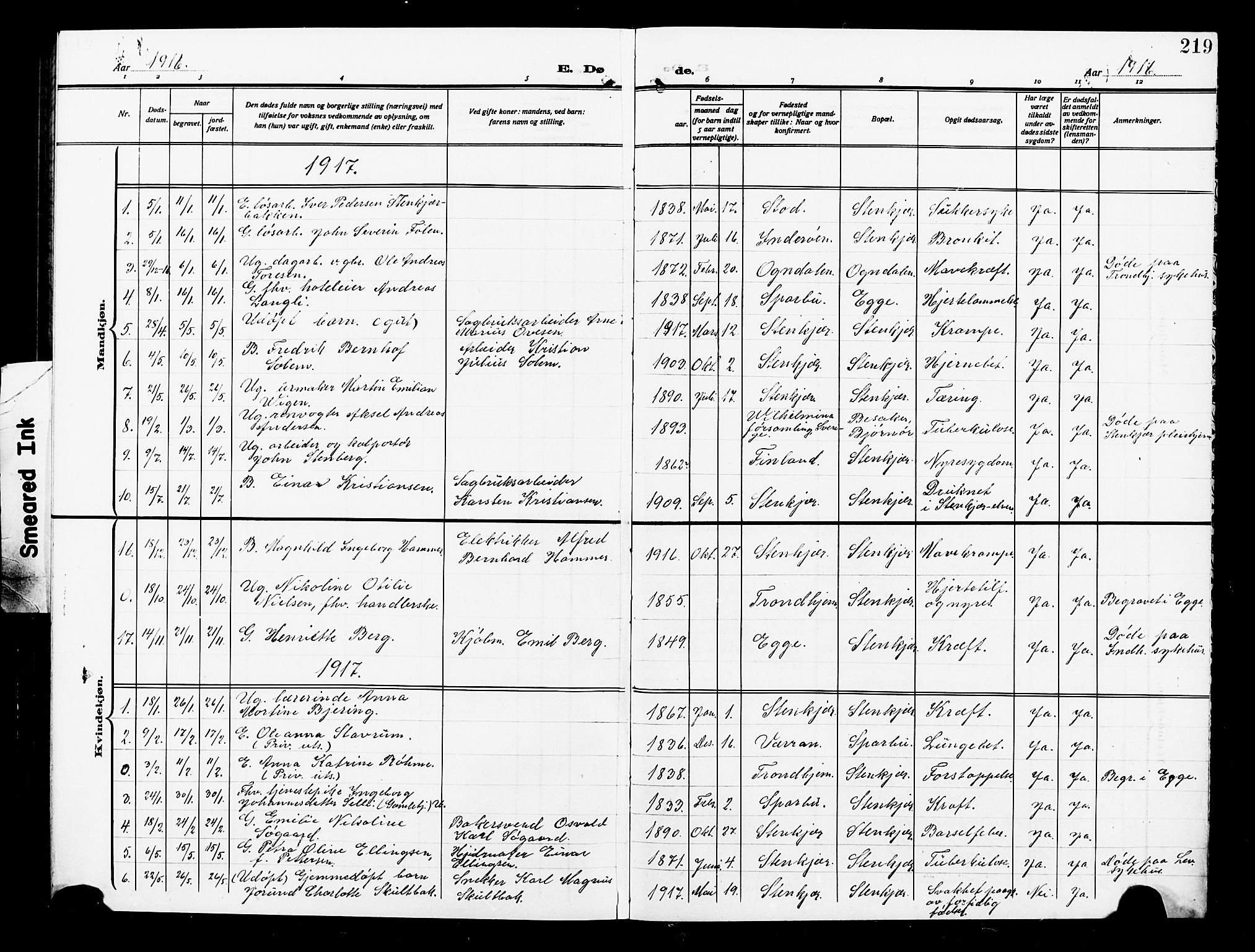 Ministerialprotokoller, klokkerbøker og fødselsregistre - Nord-Trøndelag, SAT/A-1458/739/L0376: Parish register (copy) no. 739C04, 1908-1917, p. 219