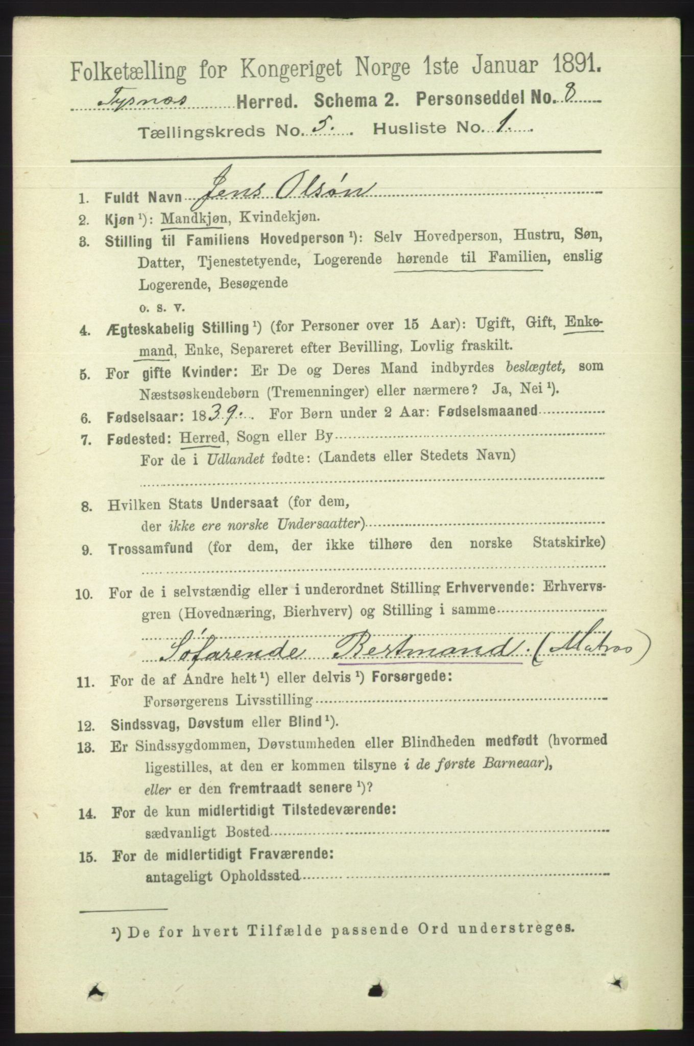 RA, 1891 census for 1223 Tysnes, 1891, p. 1909