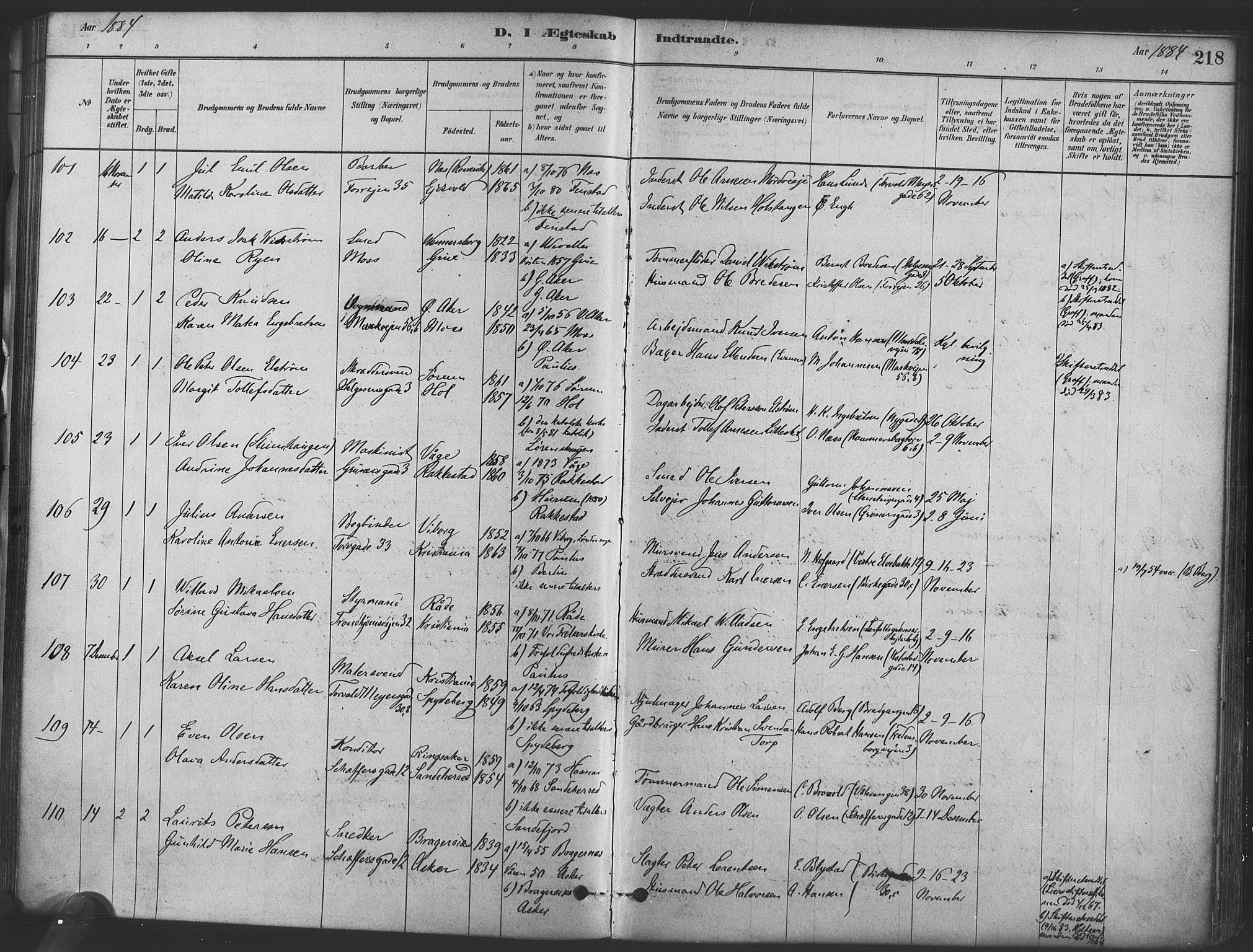 Paulus prestekontor Kirkebøker, AV/SAO-A-10871/F/Fa/L0004: Parish register (official) no. 4, 1879-1891, p. 218