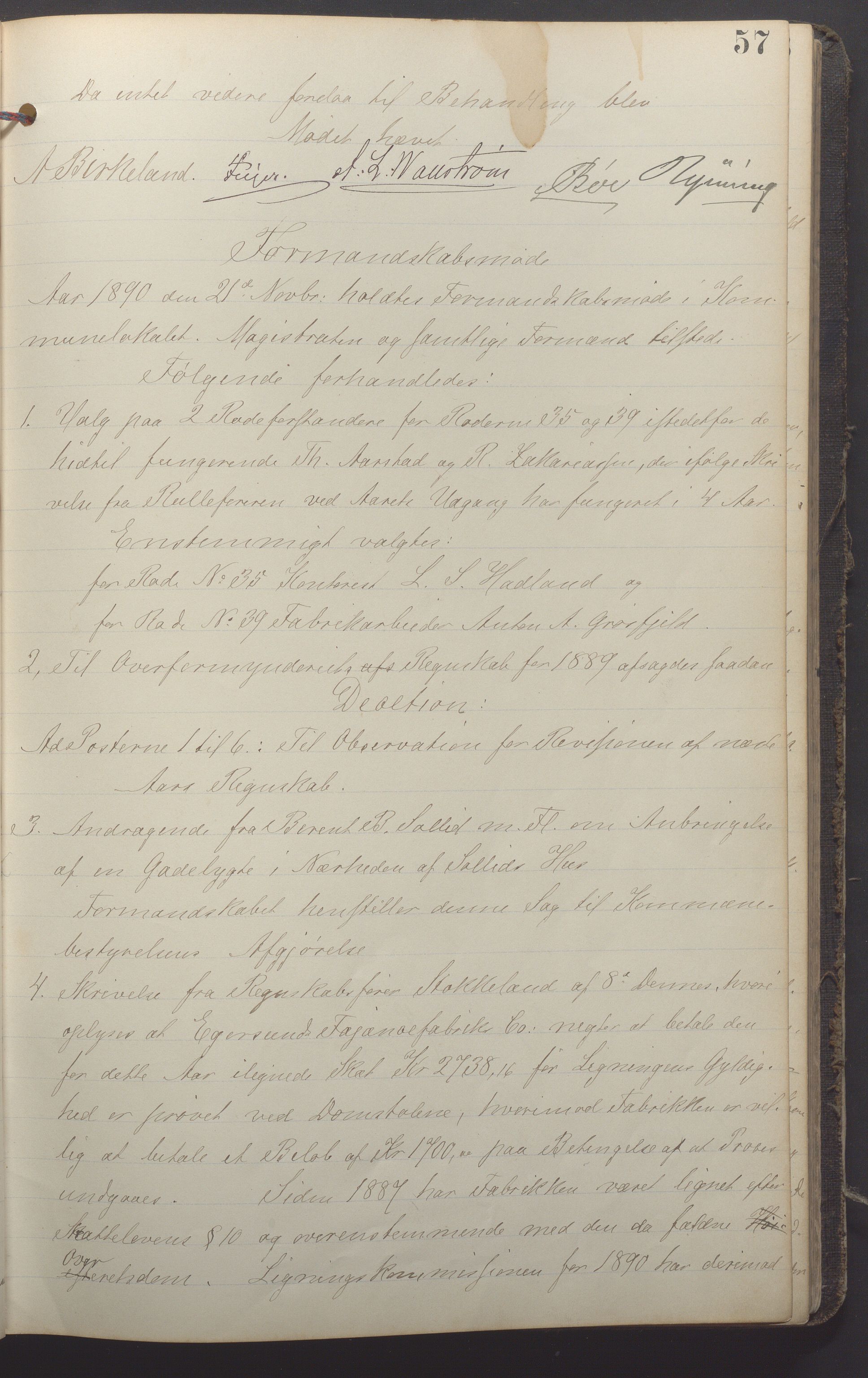 Egersund kommune (Ladested) - Formannskapet, IKAR/K-100502/A/L0005: Forhandlingsprotokoll, 1888-1897, p. 57a