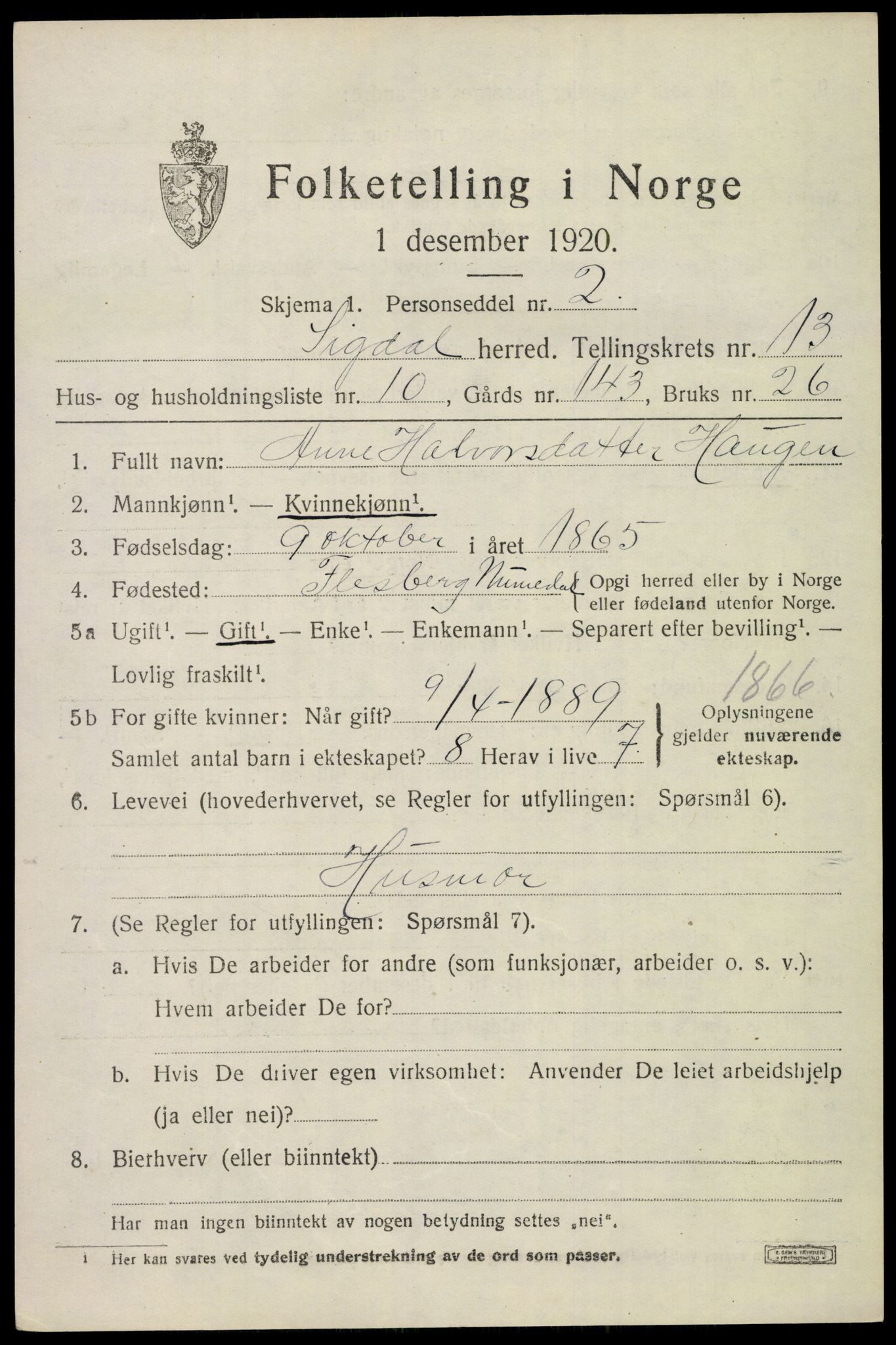 SAKO, 1920 census for Sigdal, 1920, p. 8170