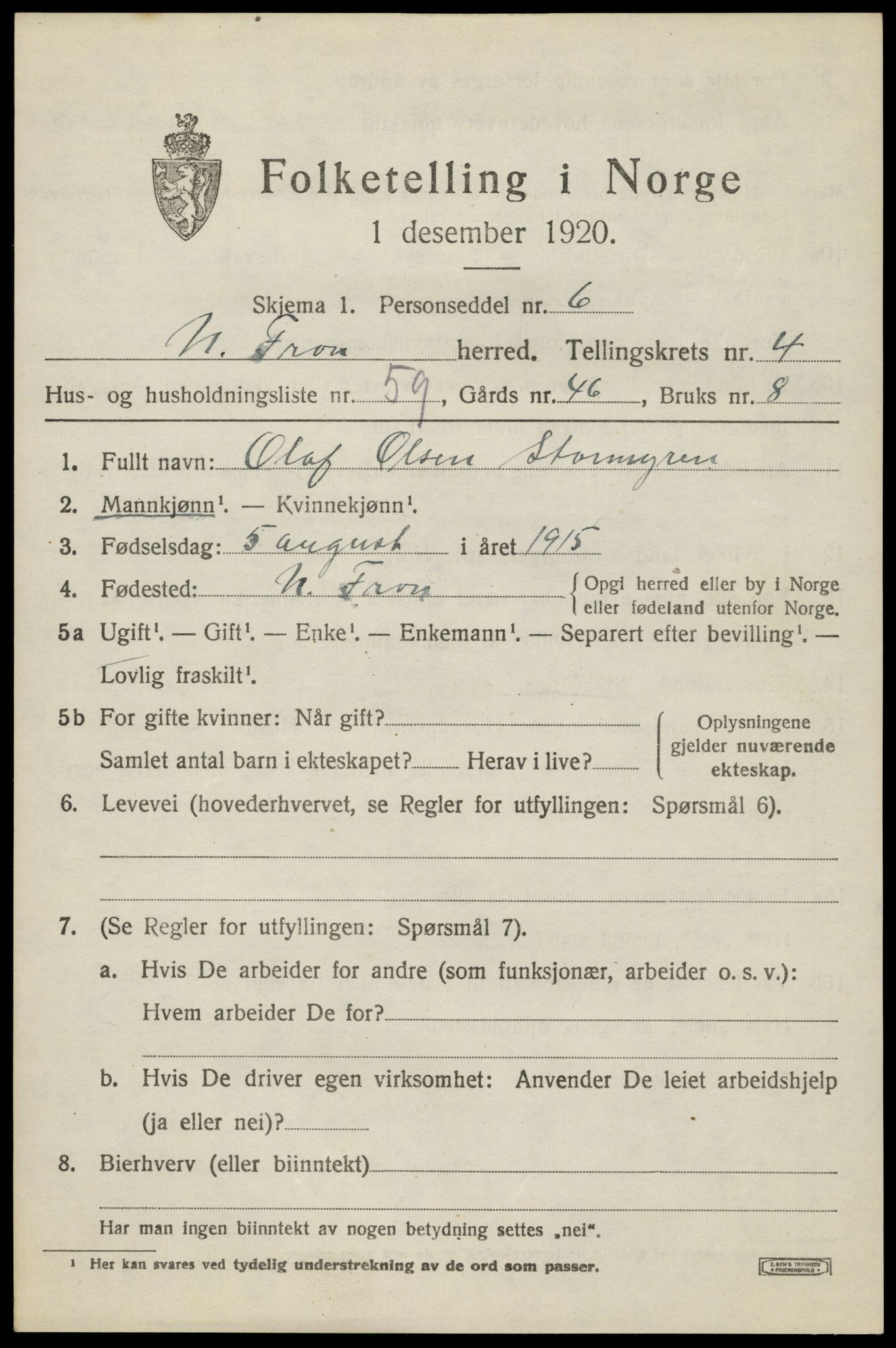 SAH, 1920 census for Nord-Fron, 1920, p. 4722